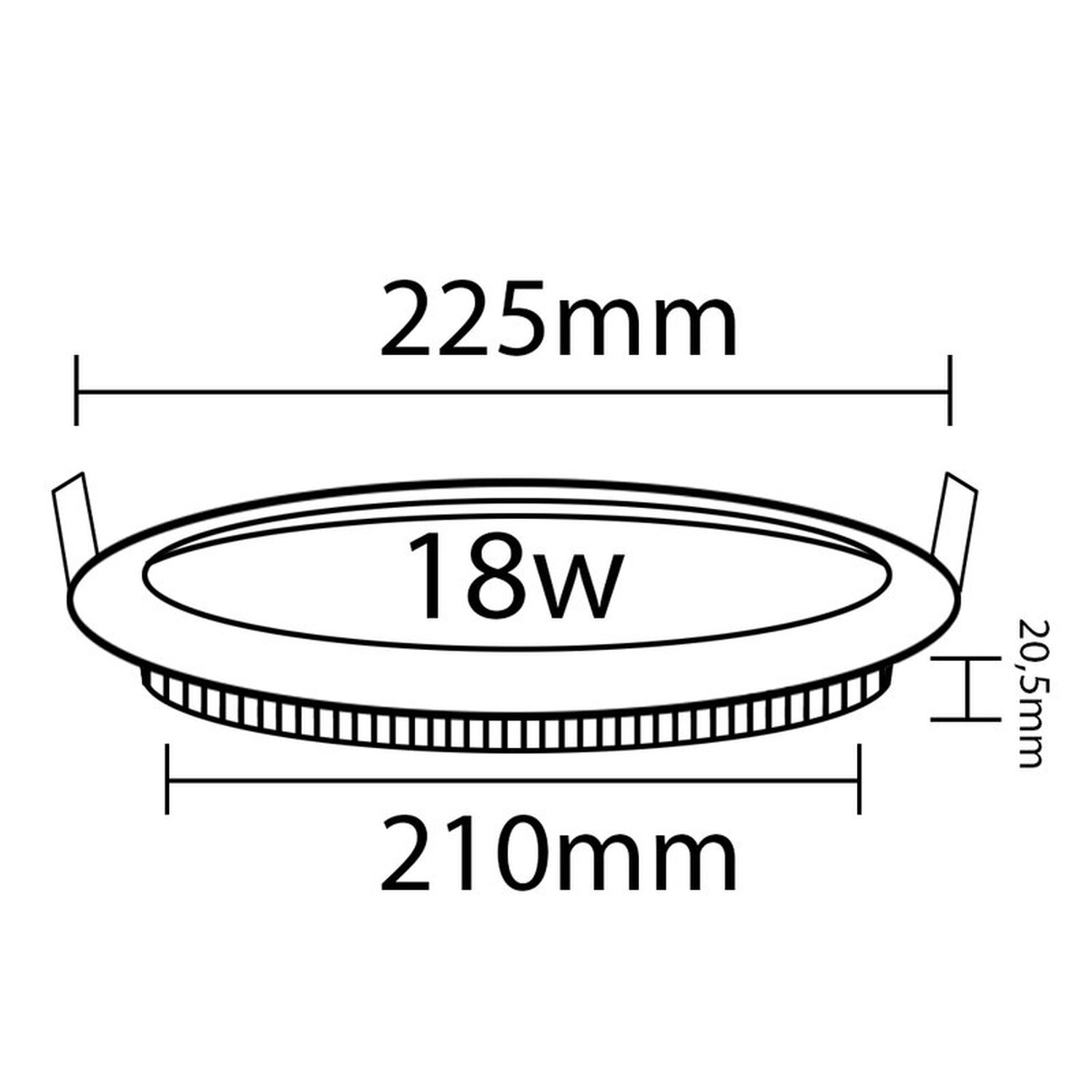 Runde LED-Panel-Leuchte mit Abmessungen: 225mm breit, 210mm Durchmesser, 20,5mm hoch.