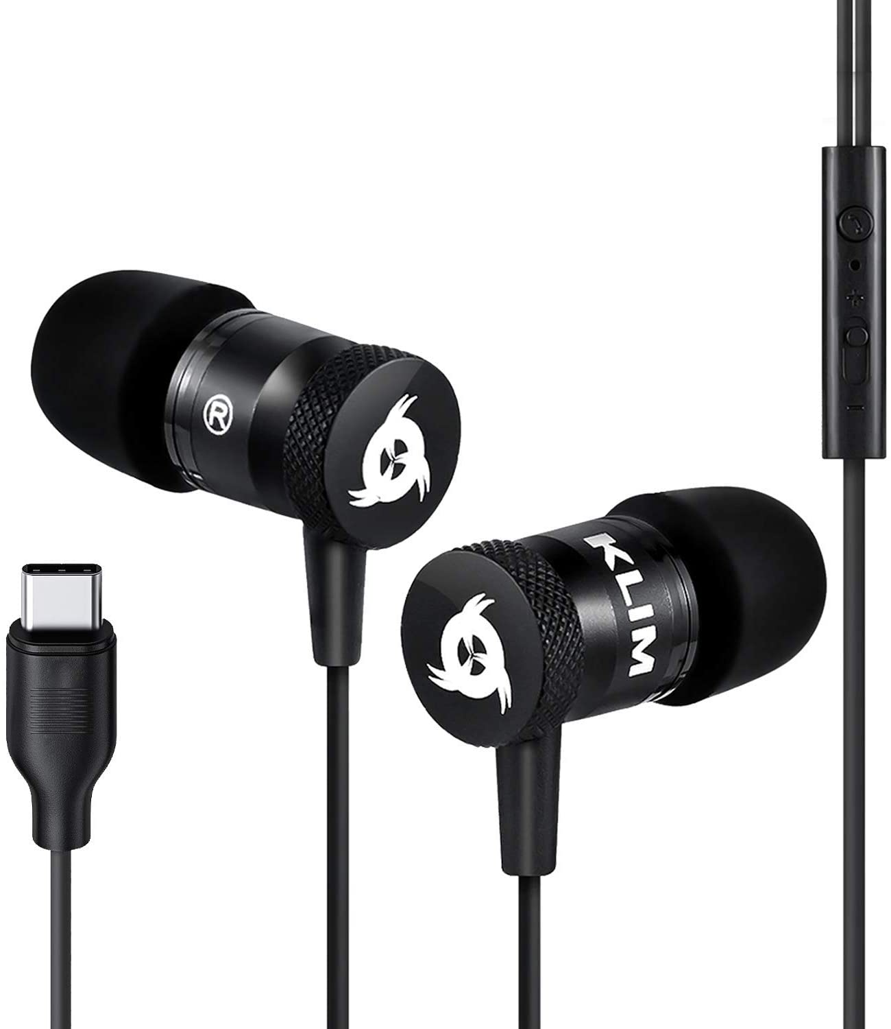 Auricolari neri con connettore USB-C e controllo nero.