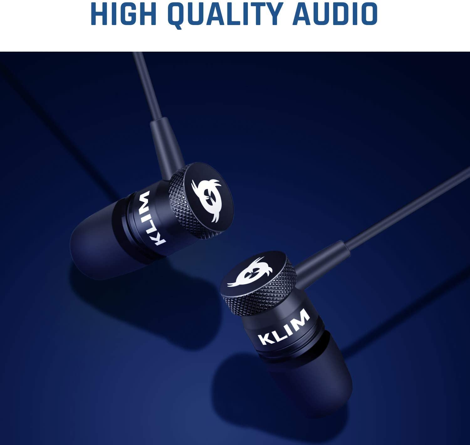 Due auricolari neri con dettagli argentati. Testo: 'HIGH QUALITY AUDIO' e 'KLIM'.