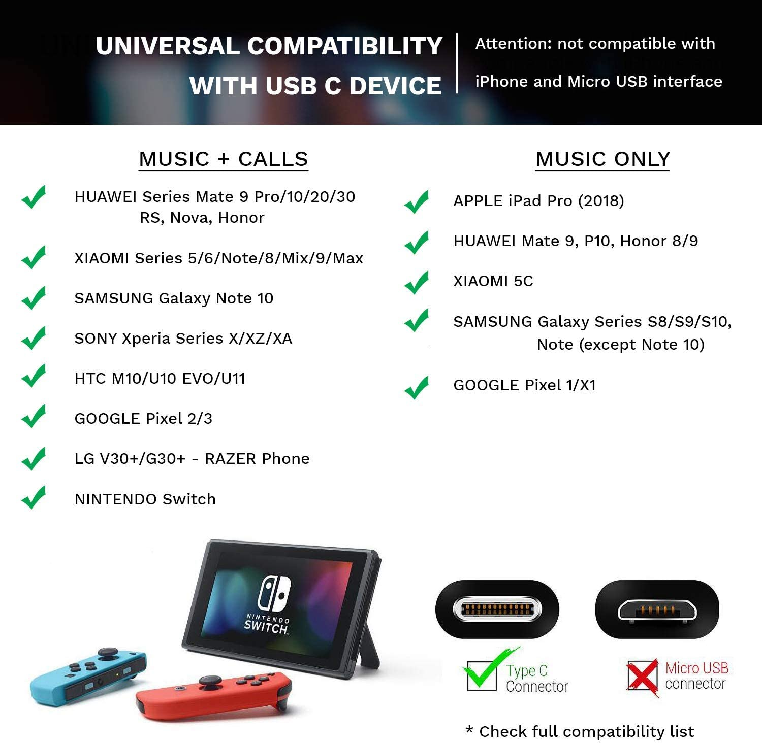 Un elenco di compatibilità dei prodotti che mostra i dispositivi compatibili con un connettore USB-C.