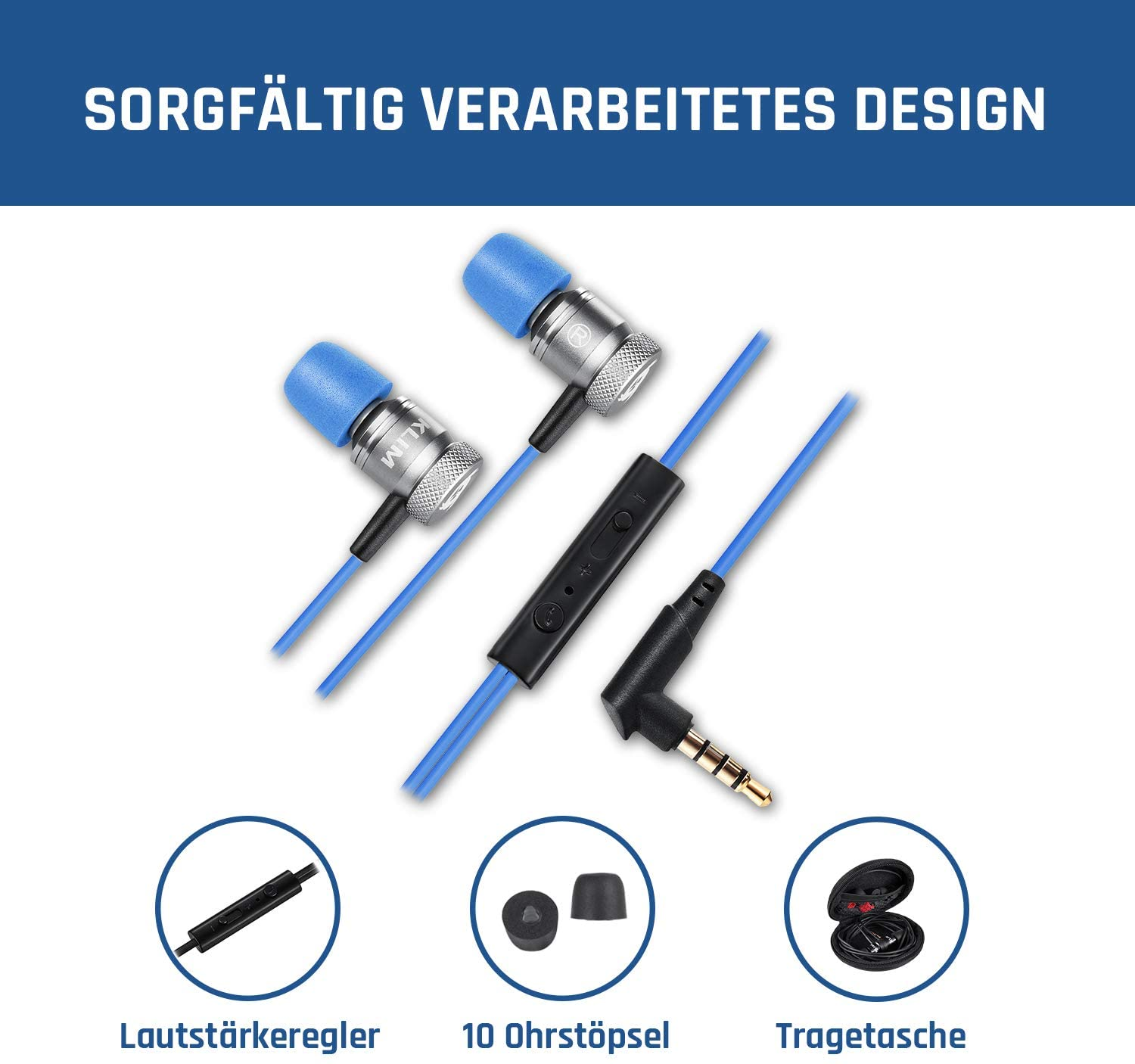 Blaue und silberne Ohrhörer mit Bedienfeld, Ohrstöpseln und einer Tragetasche.