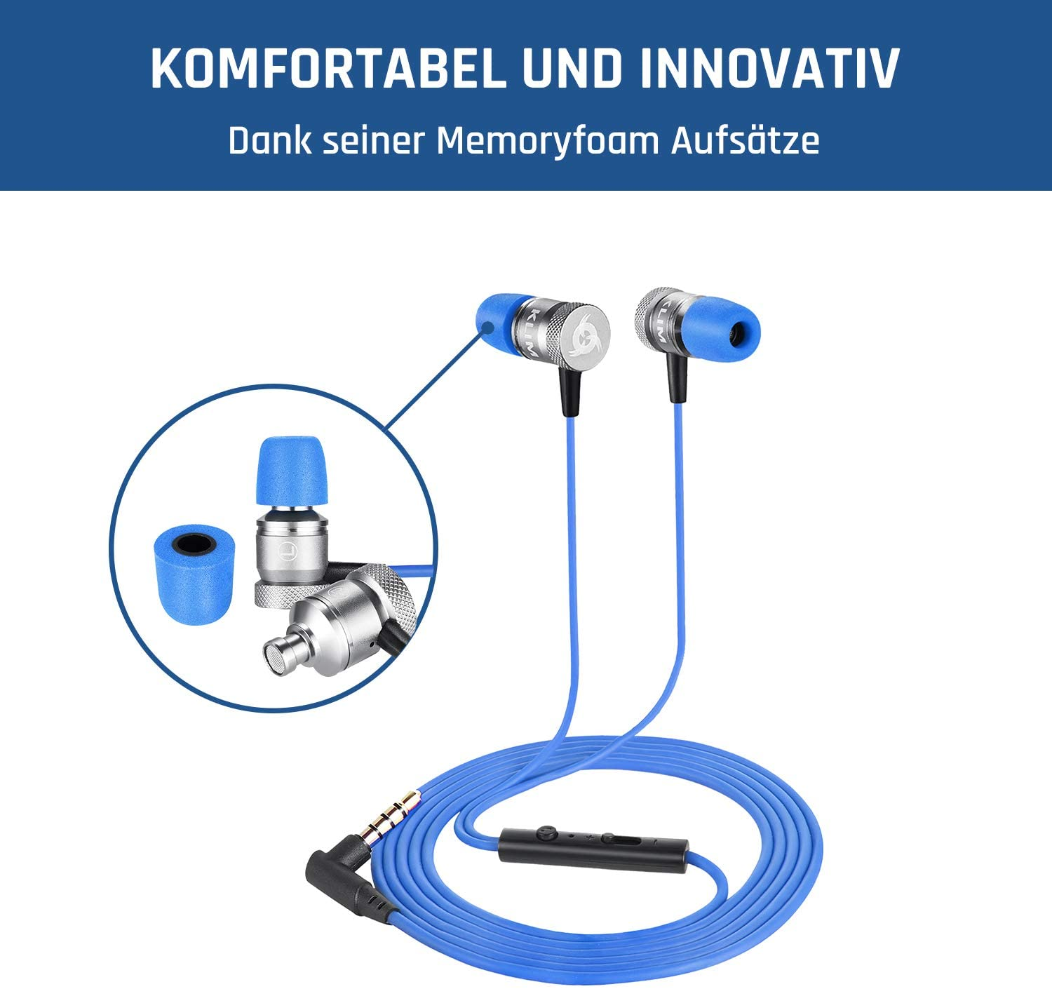 Blaue und silberne Ohrhörer mit blauem Kabel und schwarzer Inline-Fernbedienung.