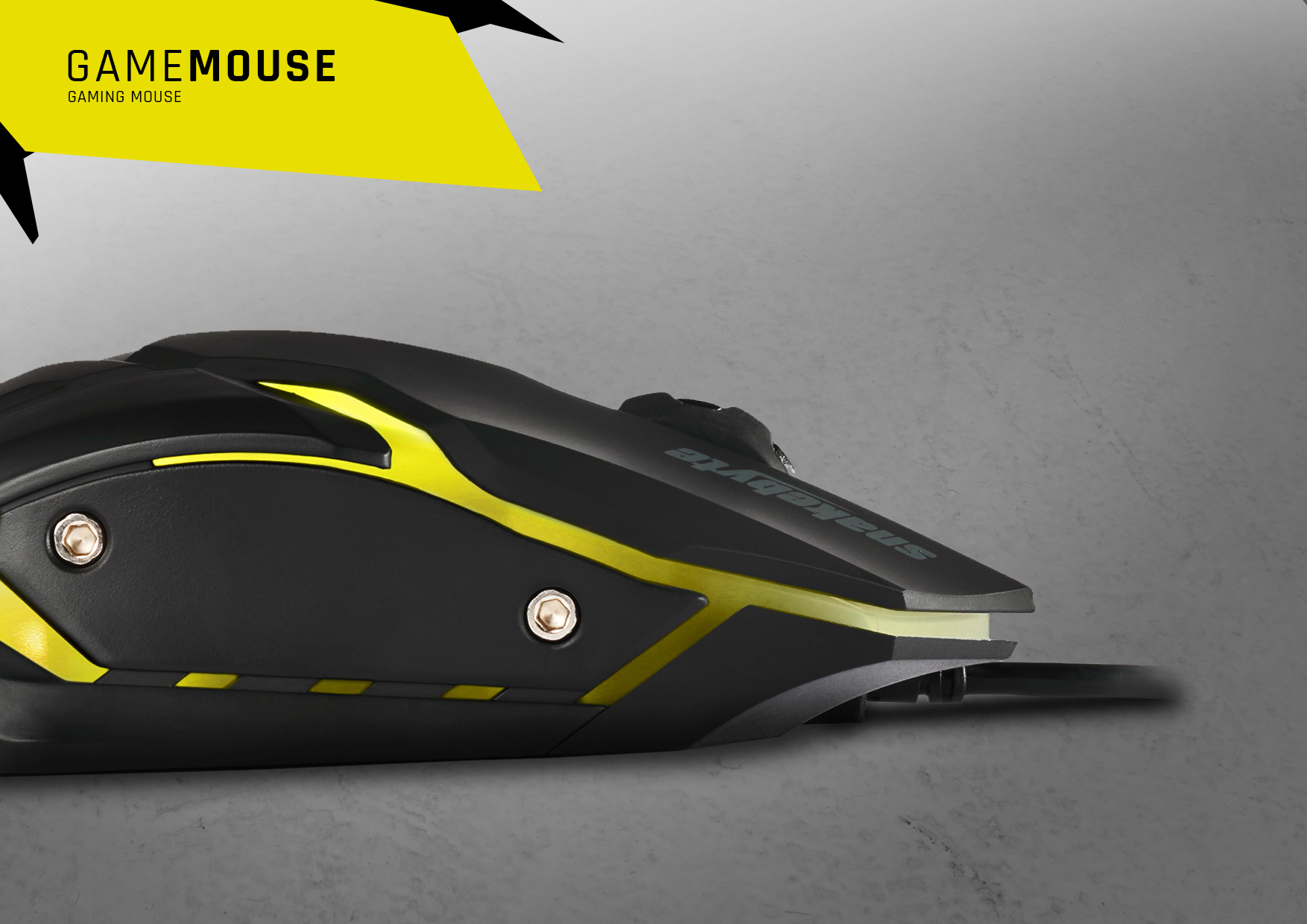 Souris de jeu noire et jaune. Texte : GAMEMOUSE, souris de jeu, sur fond gris.