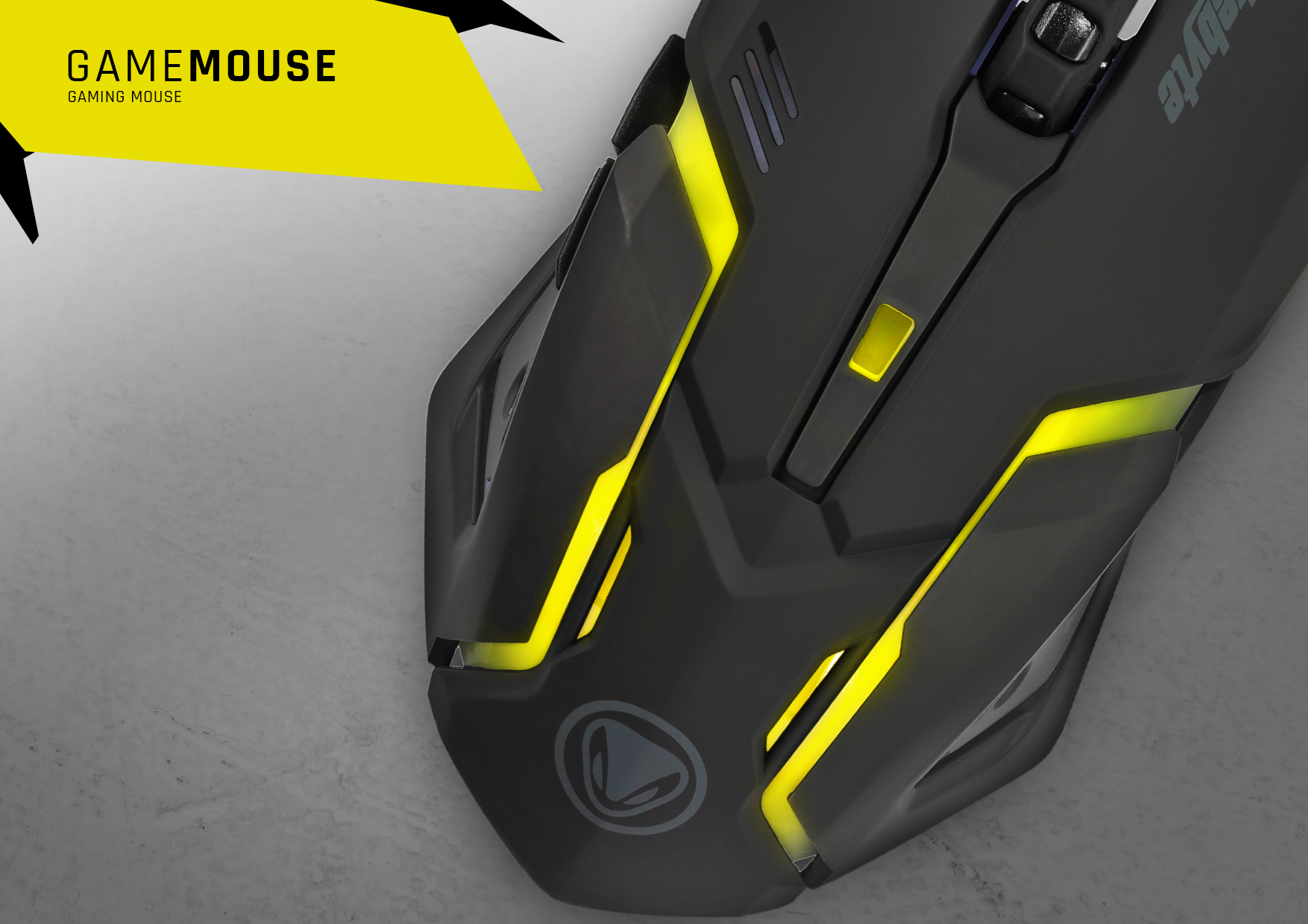 Une souris de jeu noire avec des accents jaunes. Le mot GAMEMOUSE est imprimé sur une étiquette jaune.