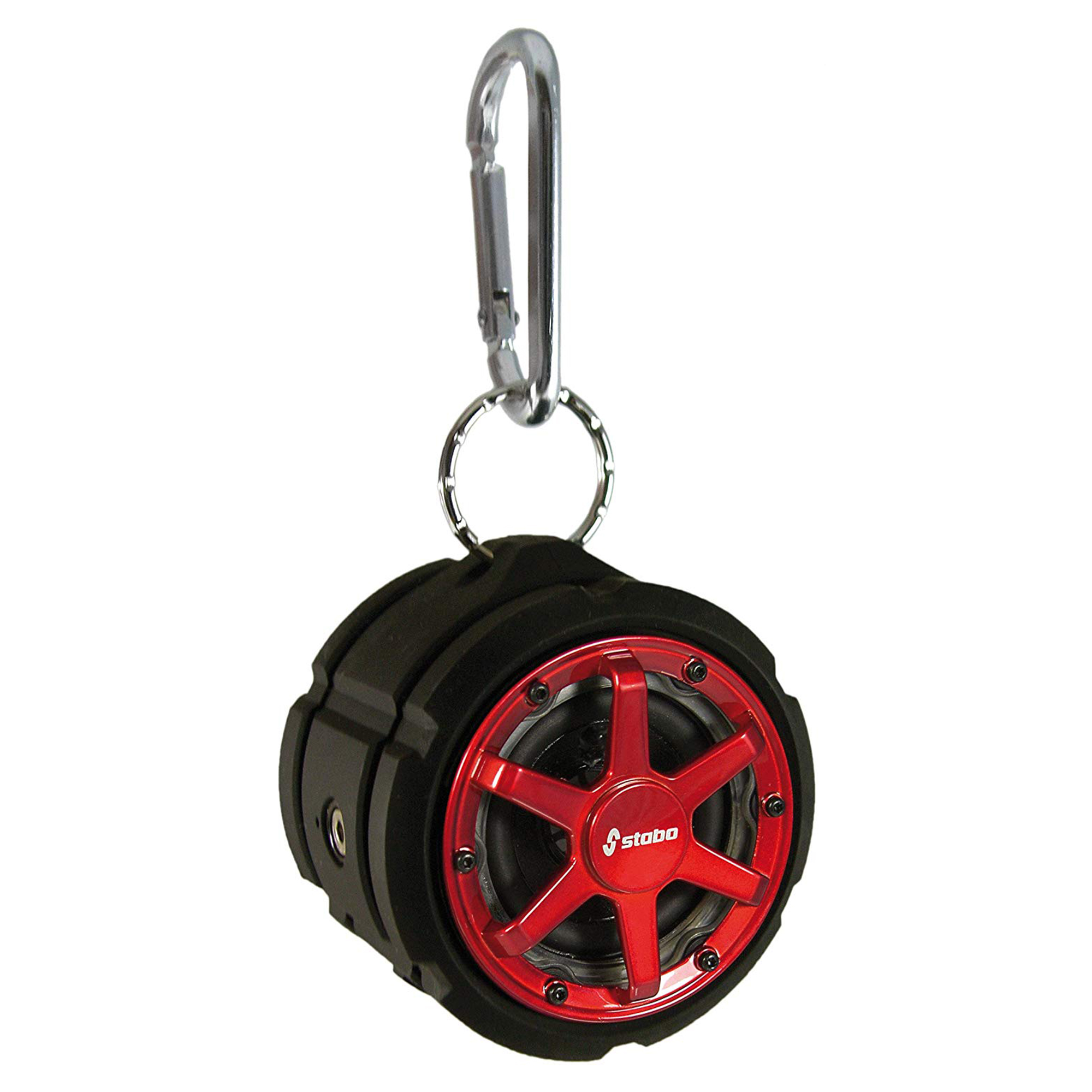 Runder schwarzer und roter Lautsprecher mit Karabiner. Roter Lautsprechergrill.
