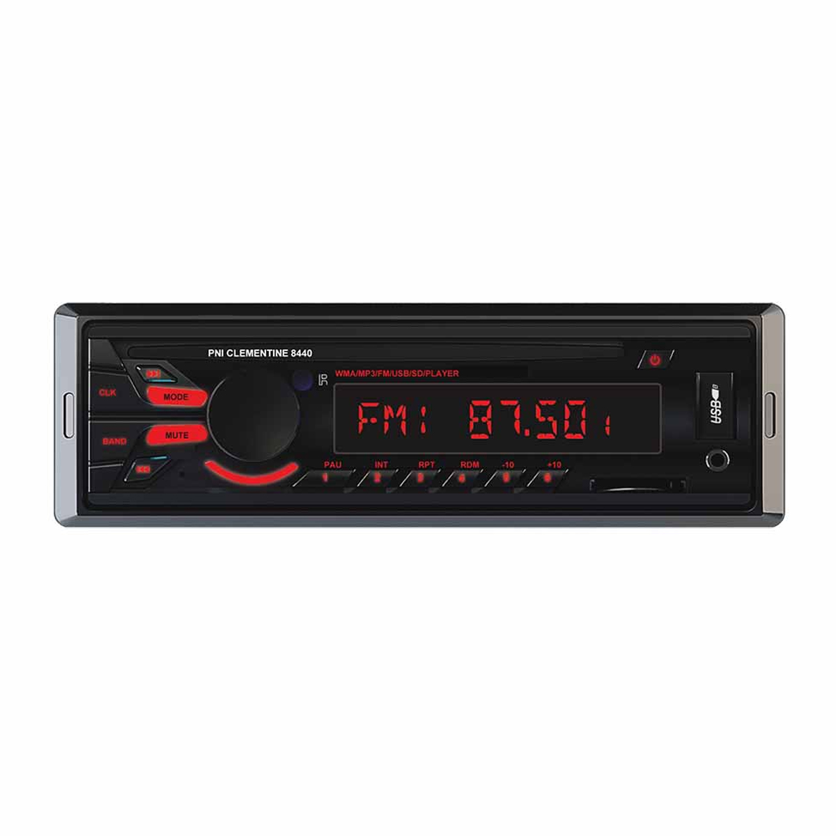 Ein Autoradio mit schwarzer Front, roter Anzeige und verschiedenen Knöpfen. Es zeigt FM 87.50 an.