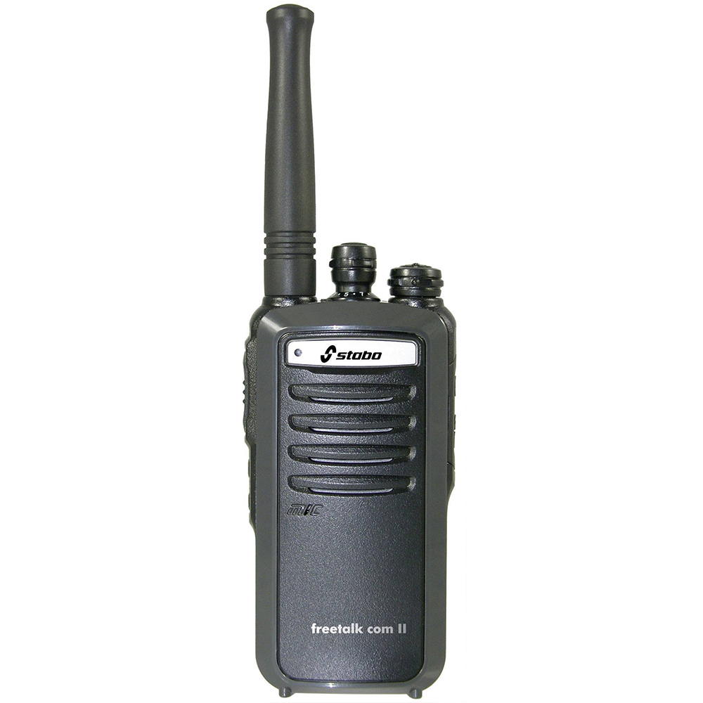 Schwarzes Walkie-Talkie mit Antenne. Es hat Knöpfe und einen Lautsprecher sowie ein 'stabo'-Logo.