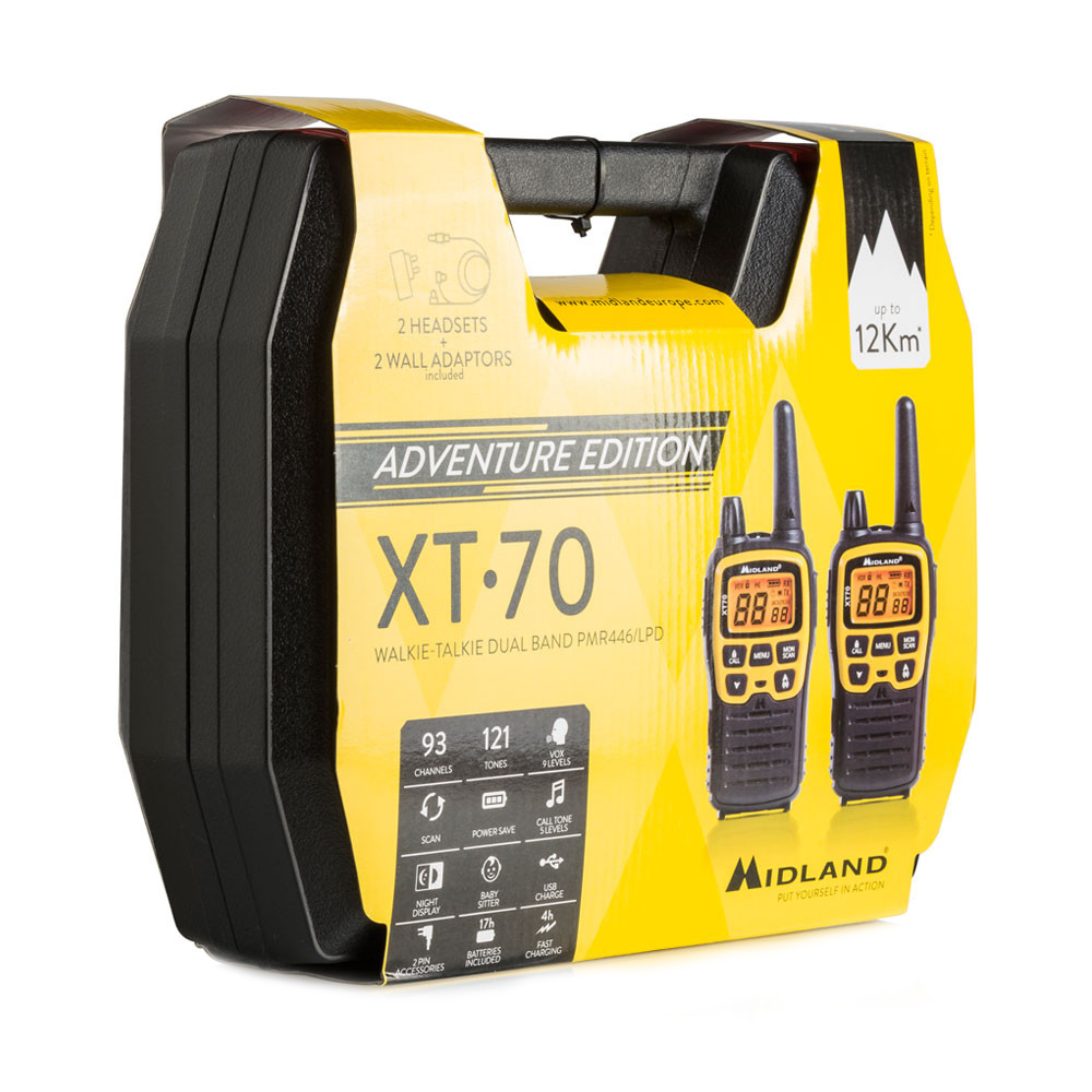 Set walkie-talkie in una scatola. Testo: "ADVENTURE EDITION" e "XT-70".