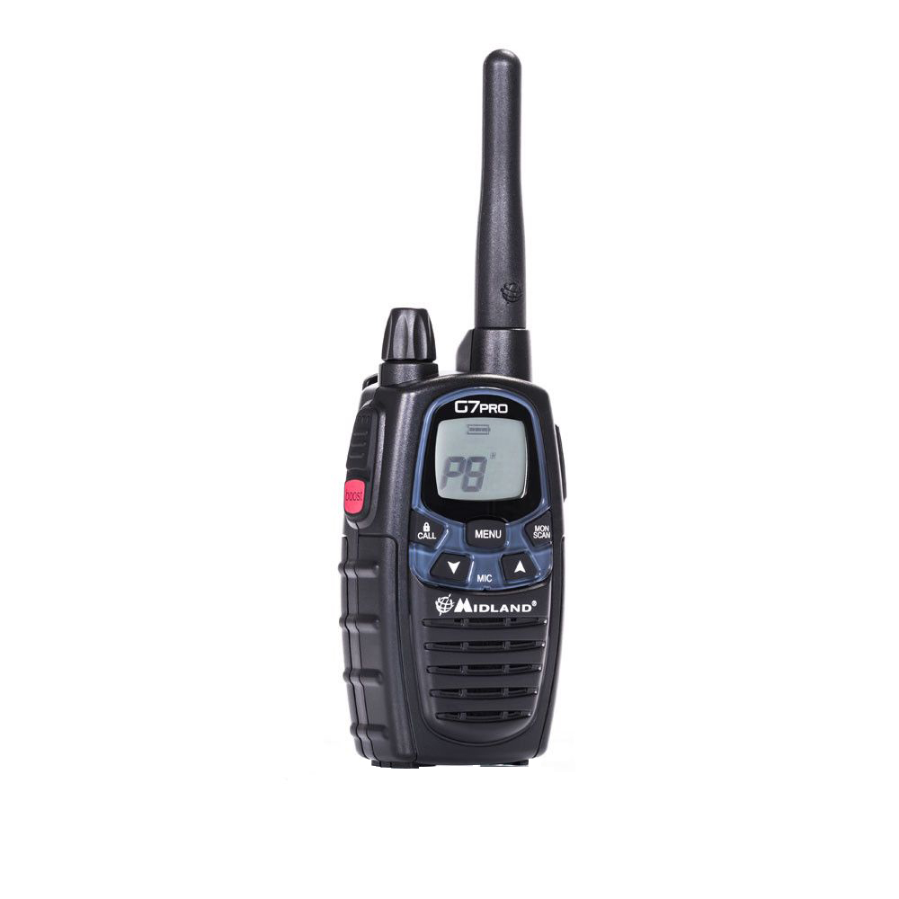 Czarny walkie-talkie Midland G7 Pro z anteną, przyciskami i wyświetlaczem pokazującym 'P8'.