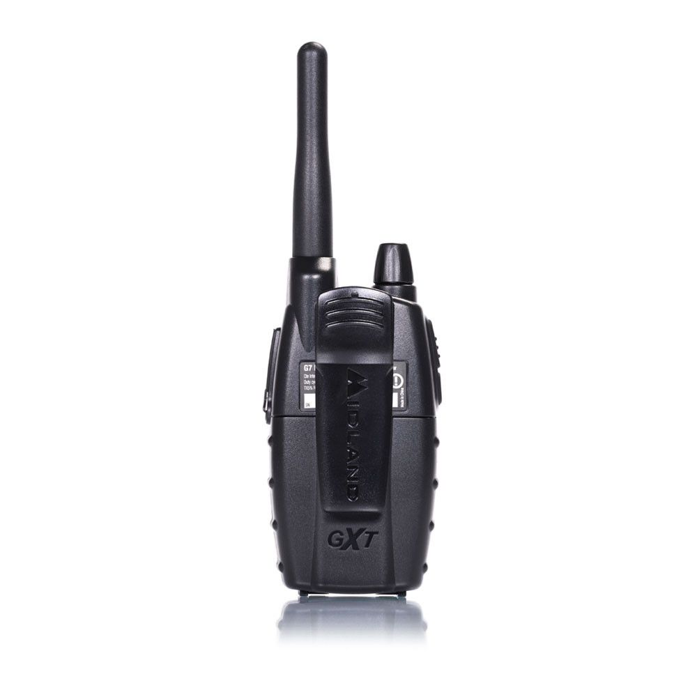 Czarny walkie-talkie z anteną, przyciskami i nazwą marki GXT.
