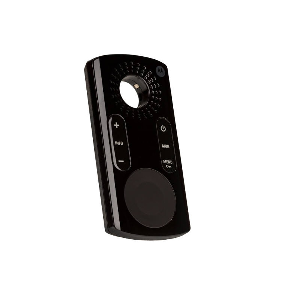 Schwarze Fernbedienung mit Knöpfen und einem kreisförmigen Touchpad.