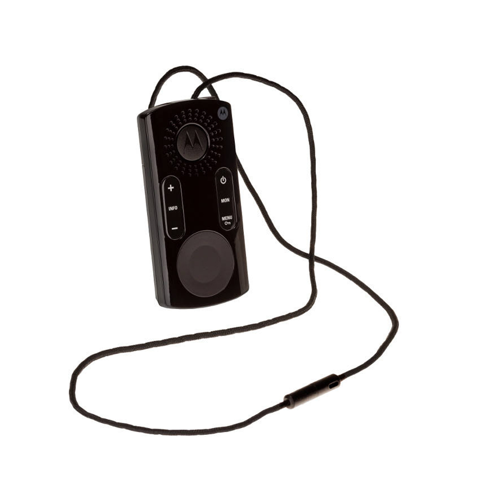 Schwarze Fernbedienung mit Knöpfen und Schlüsselband. Mit Motorola-Logo und isoliert.