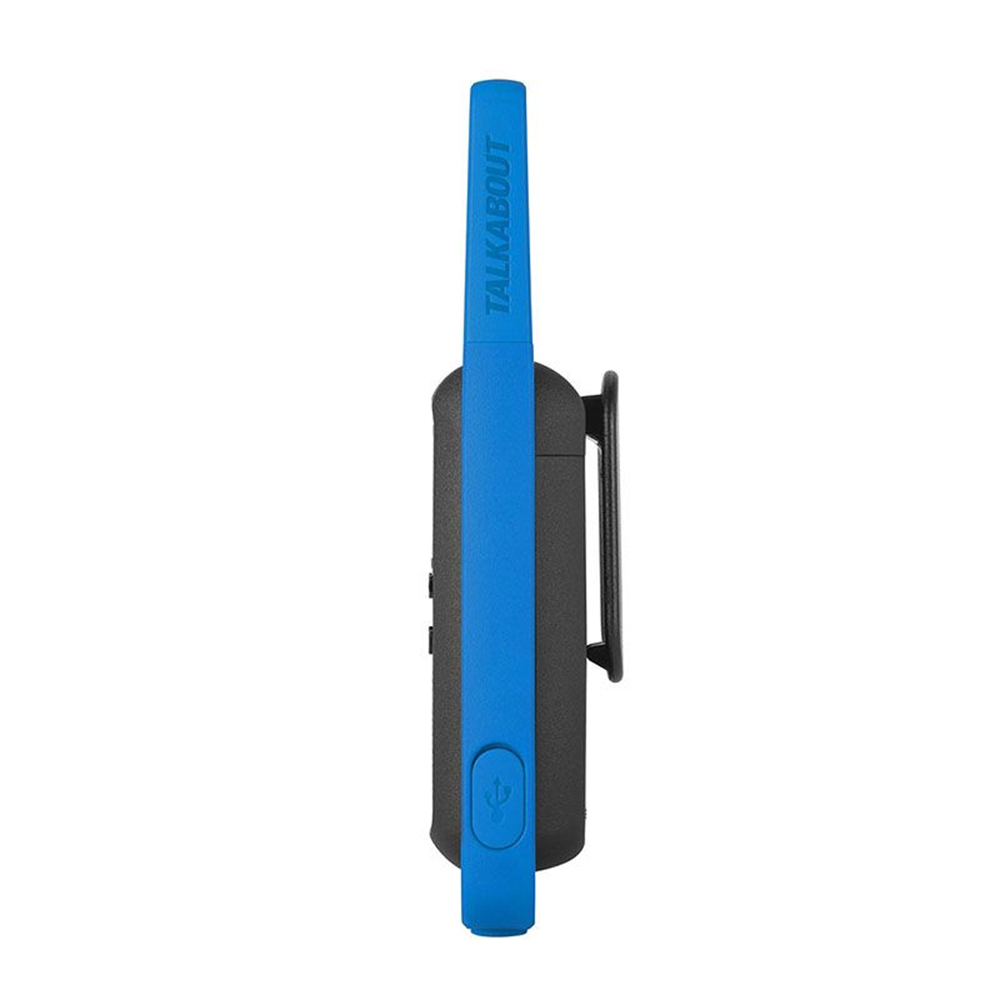 Blue and black walkie-talkie with a belt clip.