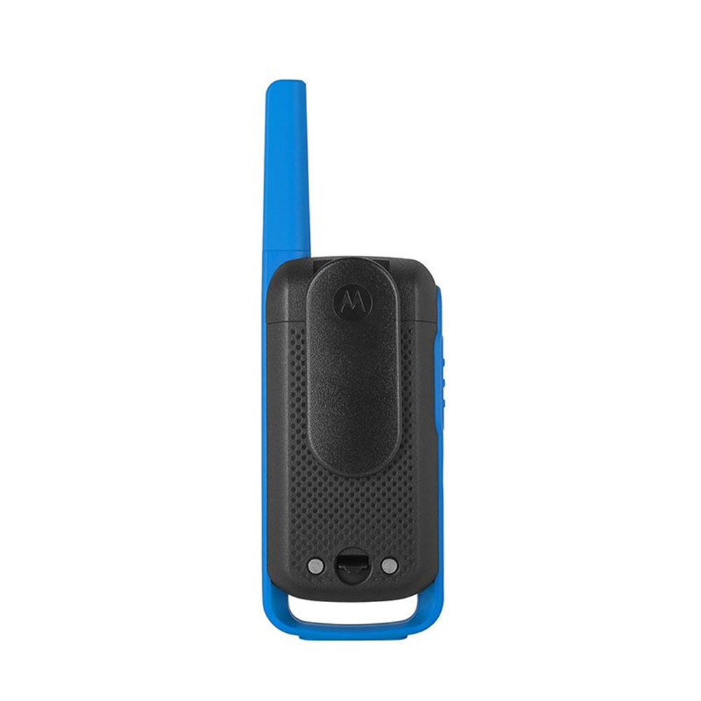Blue and black walkie-talkie. Blue antenna. Black clip on the back. Motorola logo.