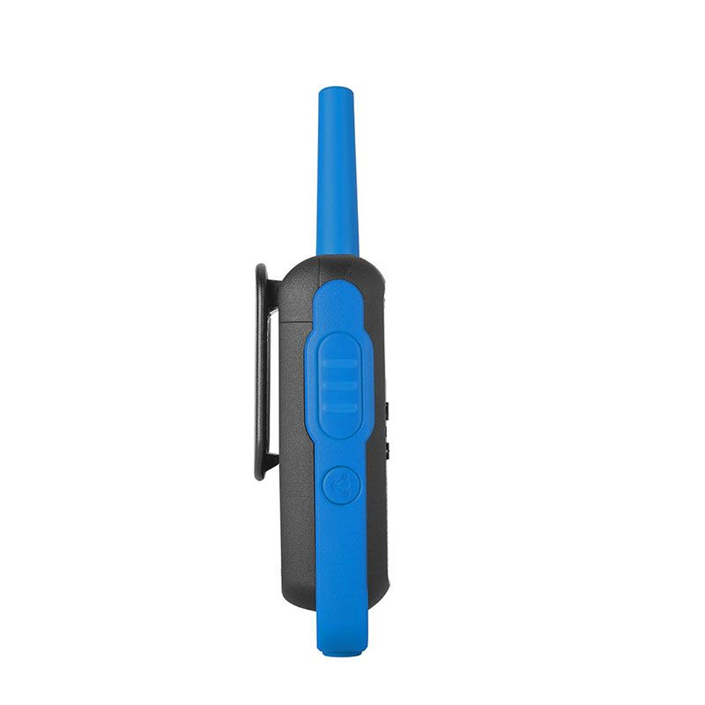 A black and blue walkie-talkie. The antenna is blue.