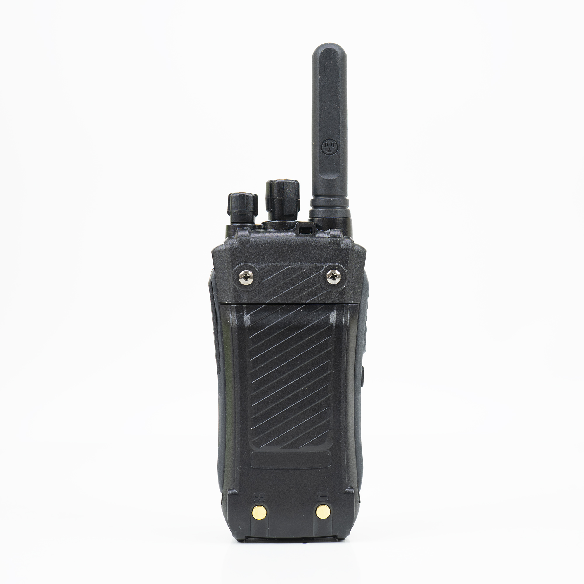 Schwarzes Walkie-Talkie mit schwarzer Antenne, zwei Knöpfen und goldenen Stiften.