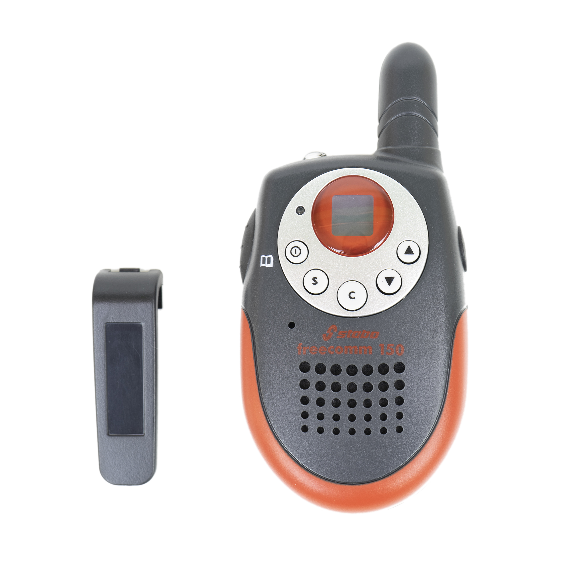 Grau-oranges Walkie-Talkie mit schwarzem Zubehör. Es hat Knöpfe und einen kleinen Bildschirm.