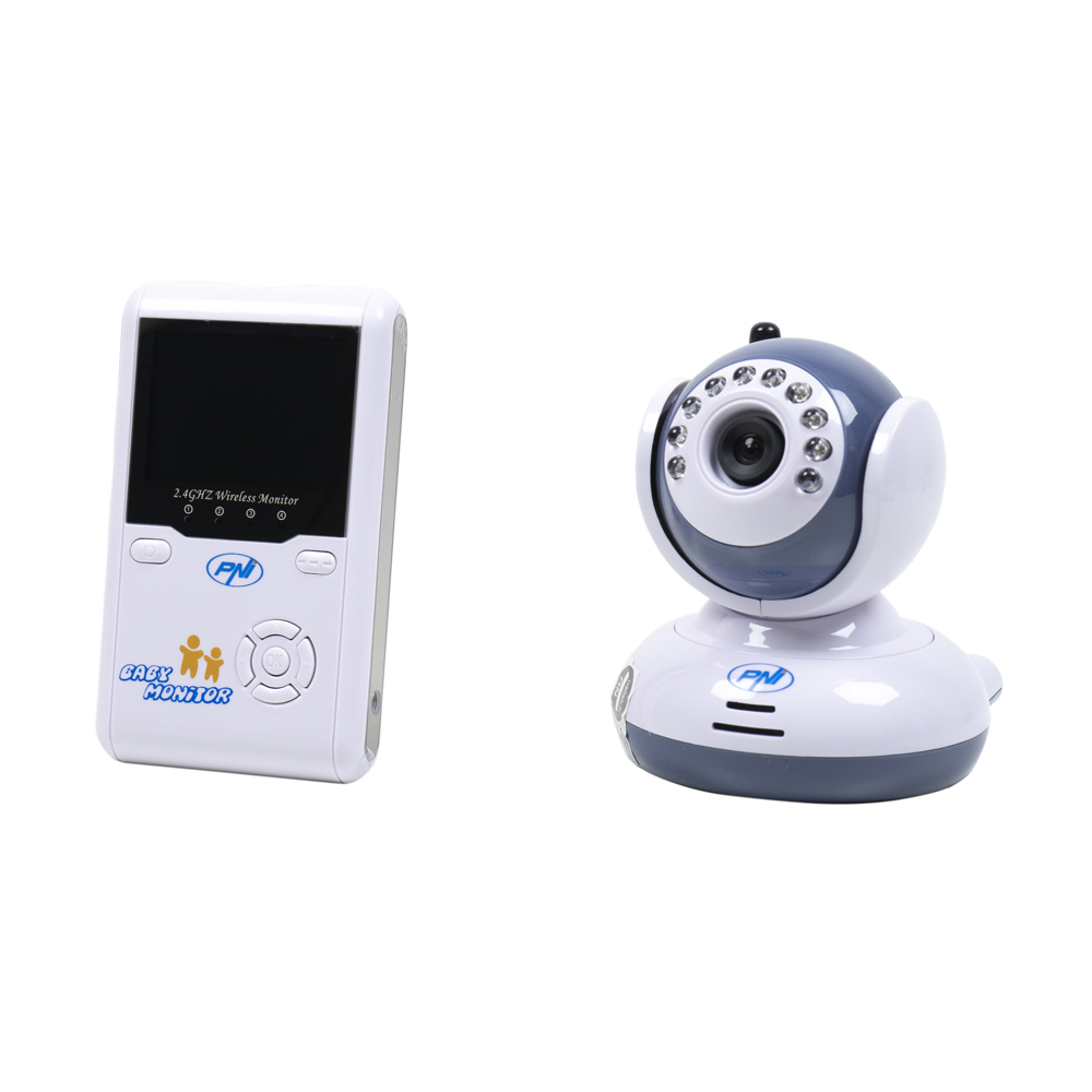 Babyphone-Set. Ein Gerät ist ein Bildschirm, das andere eine Kamera.