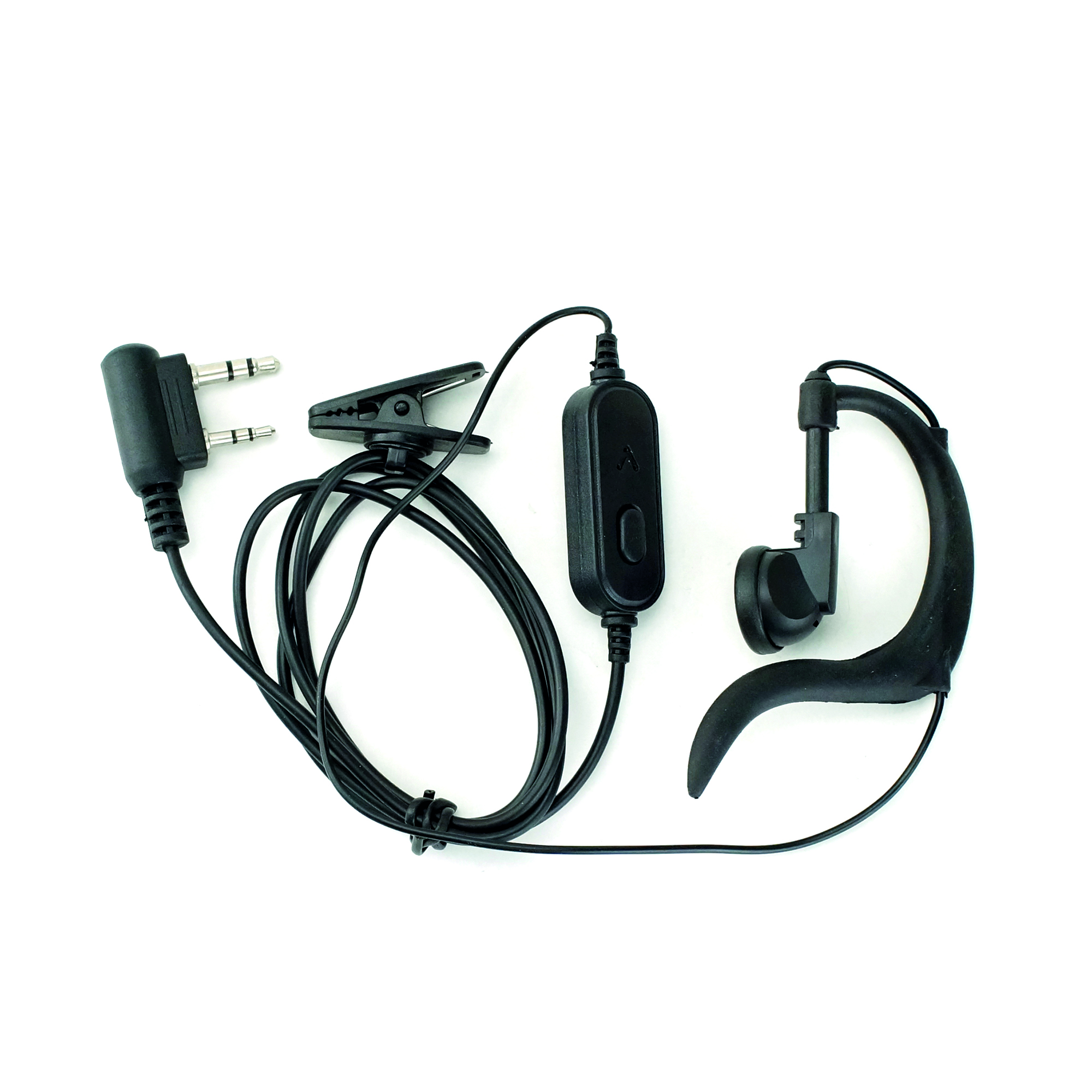 Schwarzes Headset mit Mikrofon, Clip und zwei Audiobuchsen auf weißem Hintergrund.