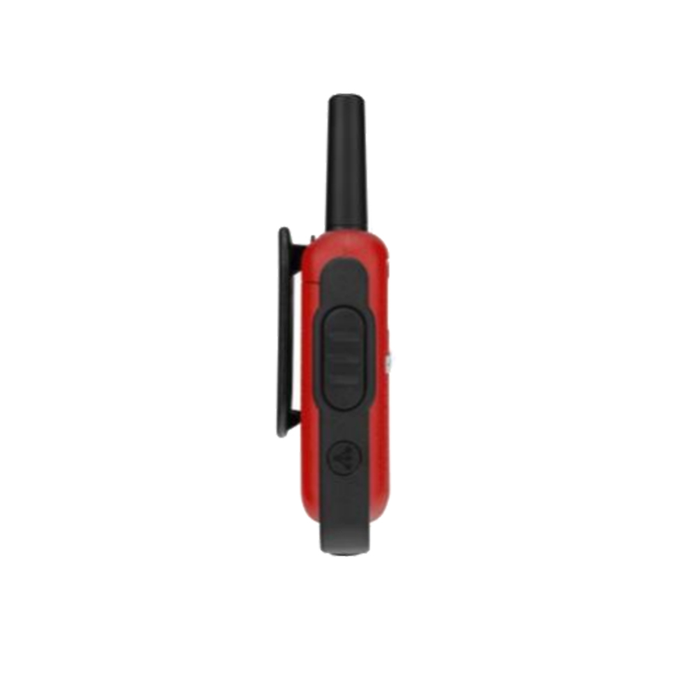 Rotes Walkie-Talkie, schwarze Antenne und Clip, Seitenansicht.