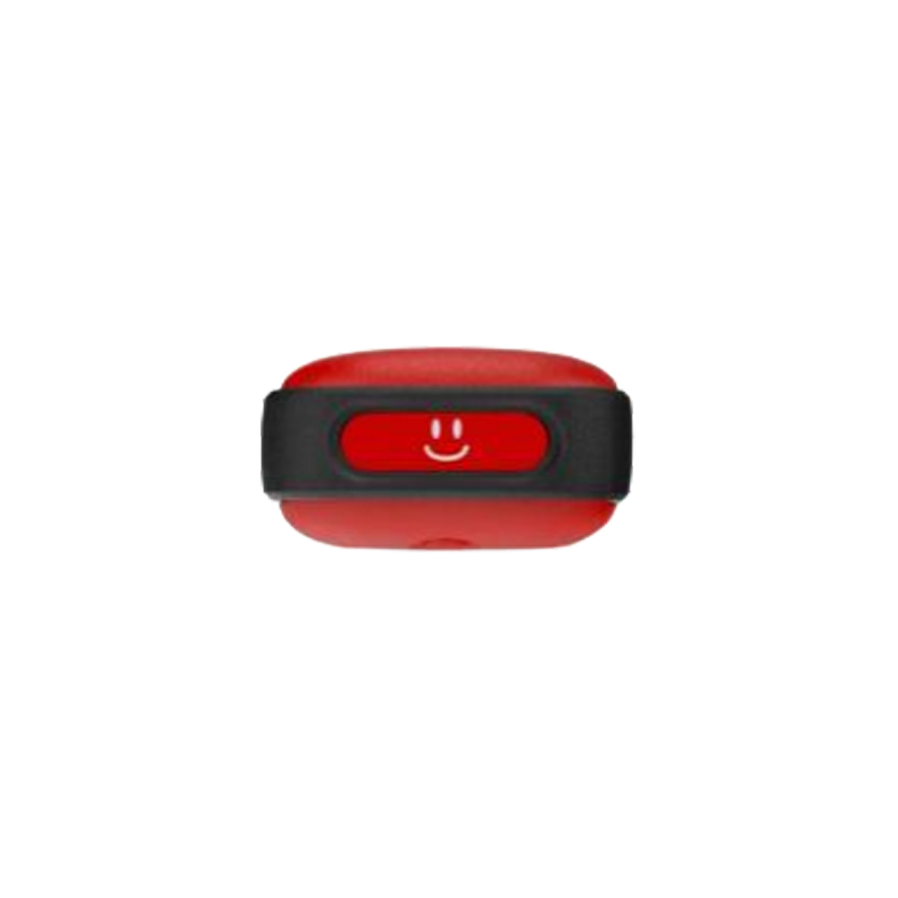 Un appareil rouge avec une bande noire et un smiley, sur fond blanc.
