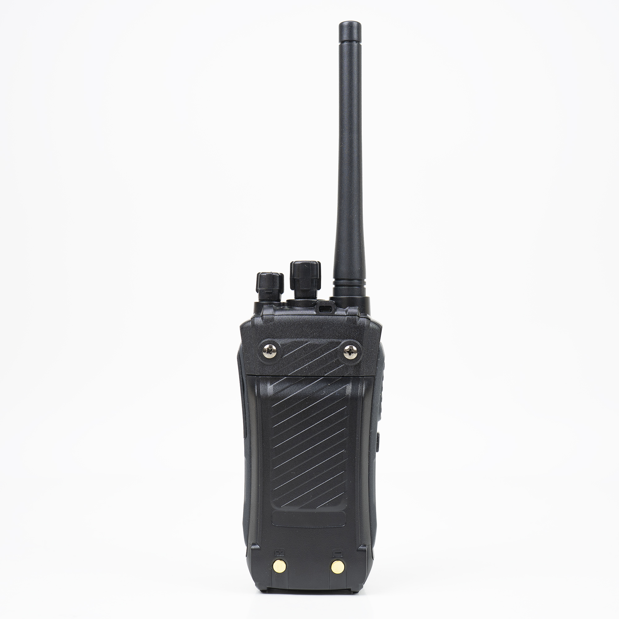 Schwarzes Walkie-Talkie, zentriert auf weißem Hintergrund. Es hat eine Antenne, Knöpfe und einen strukturierten Griff.