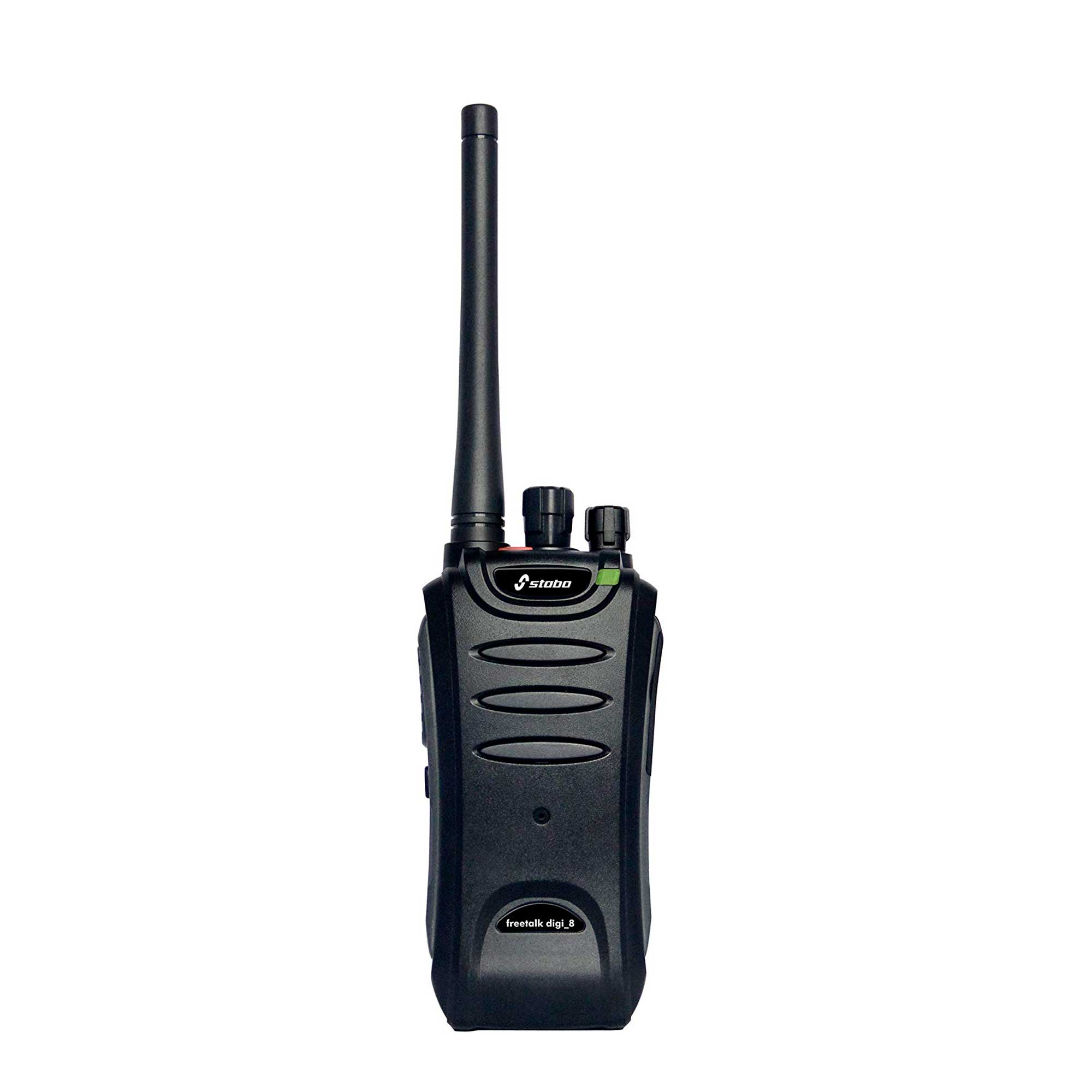 Schwarzes Walkie-Talkie mit Antenne, mit schwarzen und grünen Knöpfen.