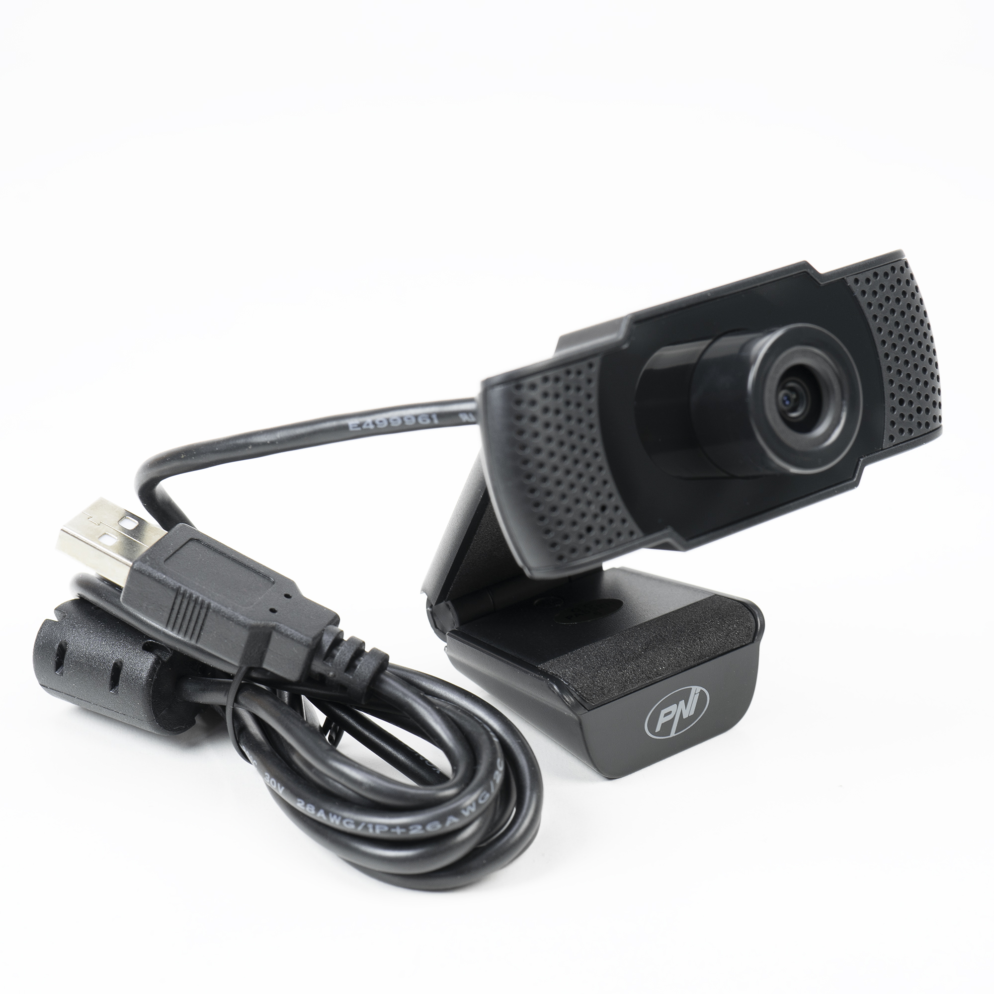 Schwarze Webcam mit USB-Kabel auf weißem Hintergrund.