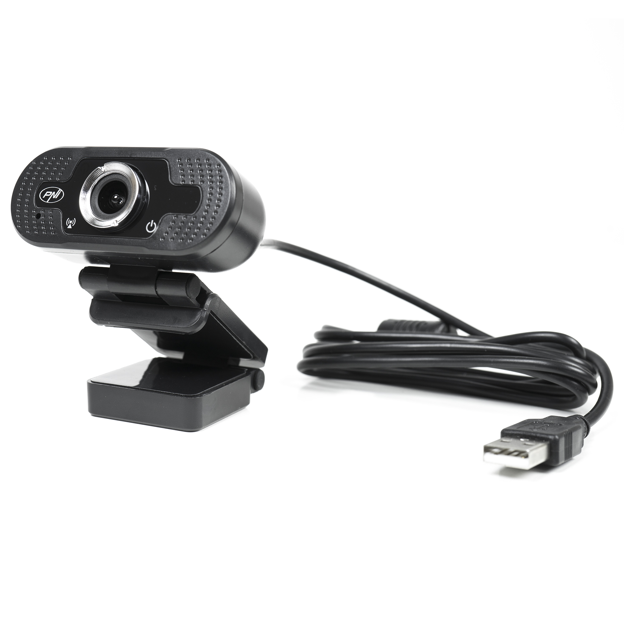 Schwarze Webcam mit eingebautem Mikrofon und USB-Kabel, auf weißem Hintergrund.