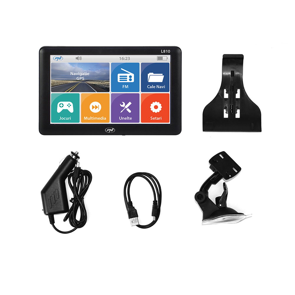 GPS-Navigationsset mit Bildschirm, Ladegerät, Kabel und Halterungen.