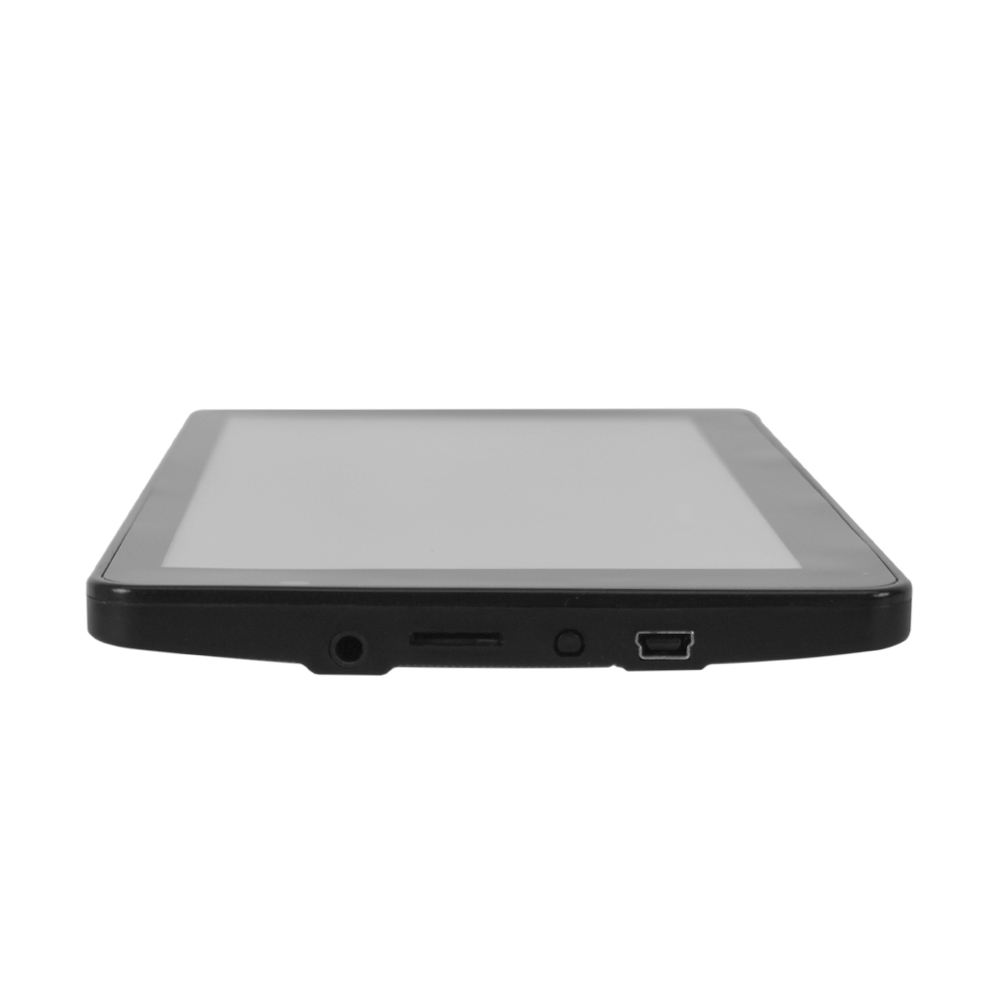 Schwarzes Tablet mit Bildschirm und einigen Anschlüssen am unteren Rand.