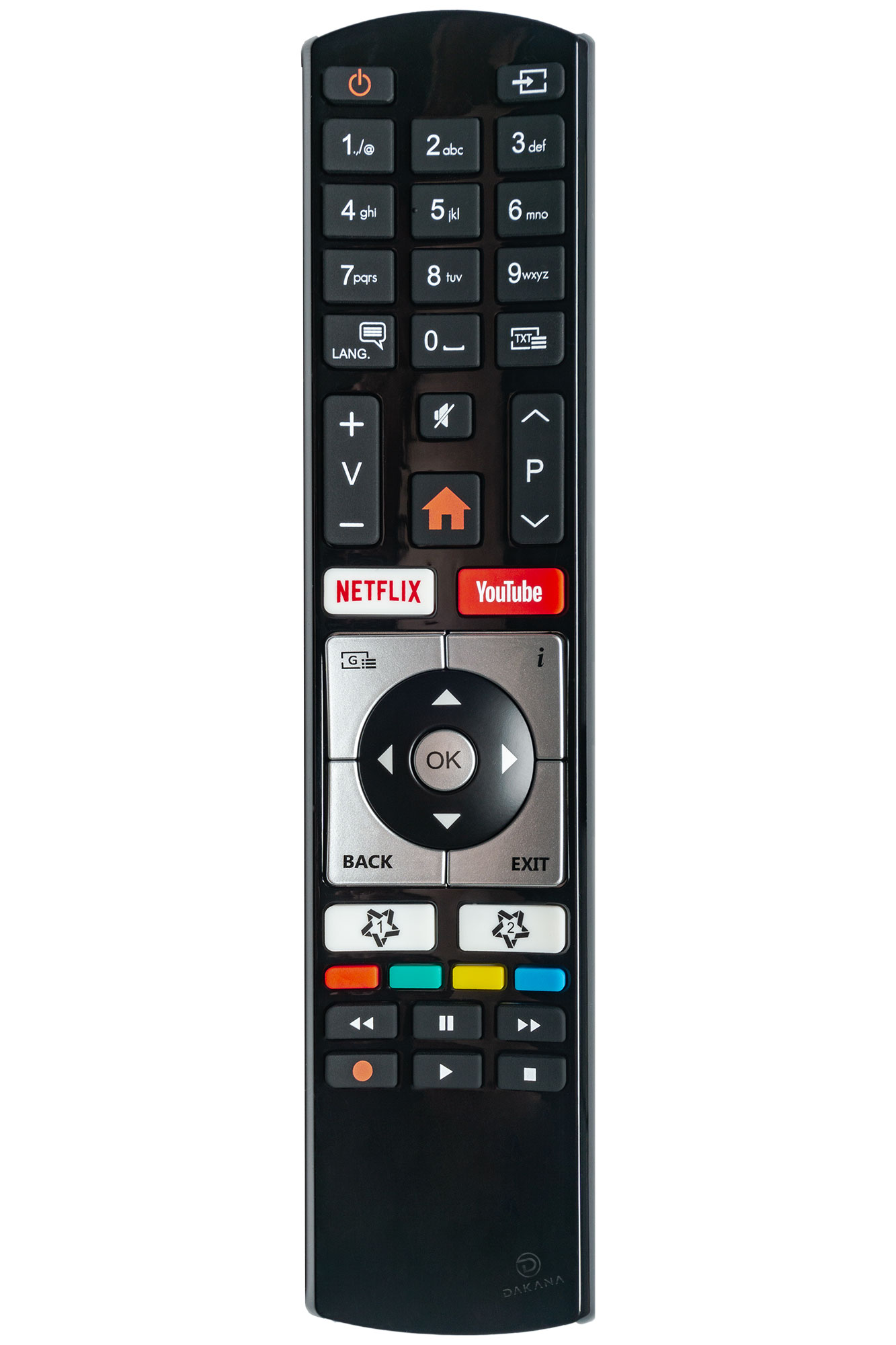 Schwarze TV-Fernbedienung mit Zahlentasten, Lautstärkereglern und Netflix/YouTube-Tasten. Weißer Hintergrund.