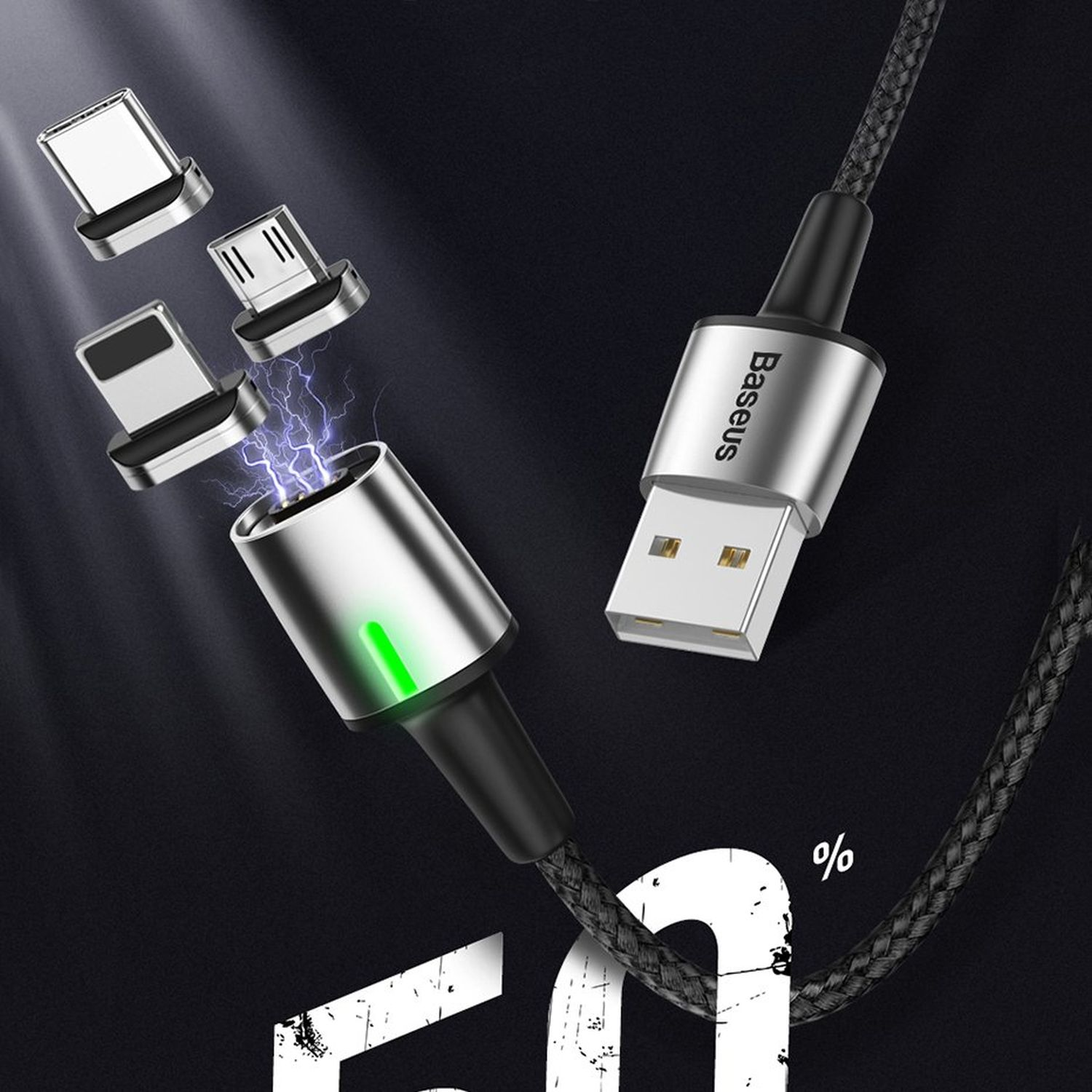 Magnetic Ladekabel, BASEUS ZINK Typ Datenkabel, USB C 2.4A Schwarz 1m