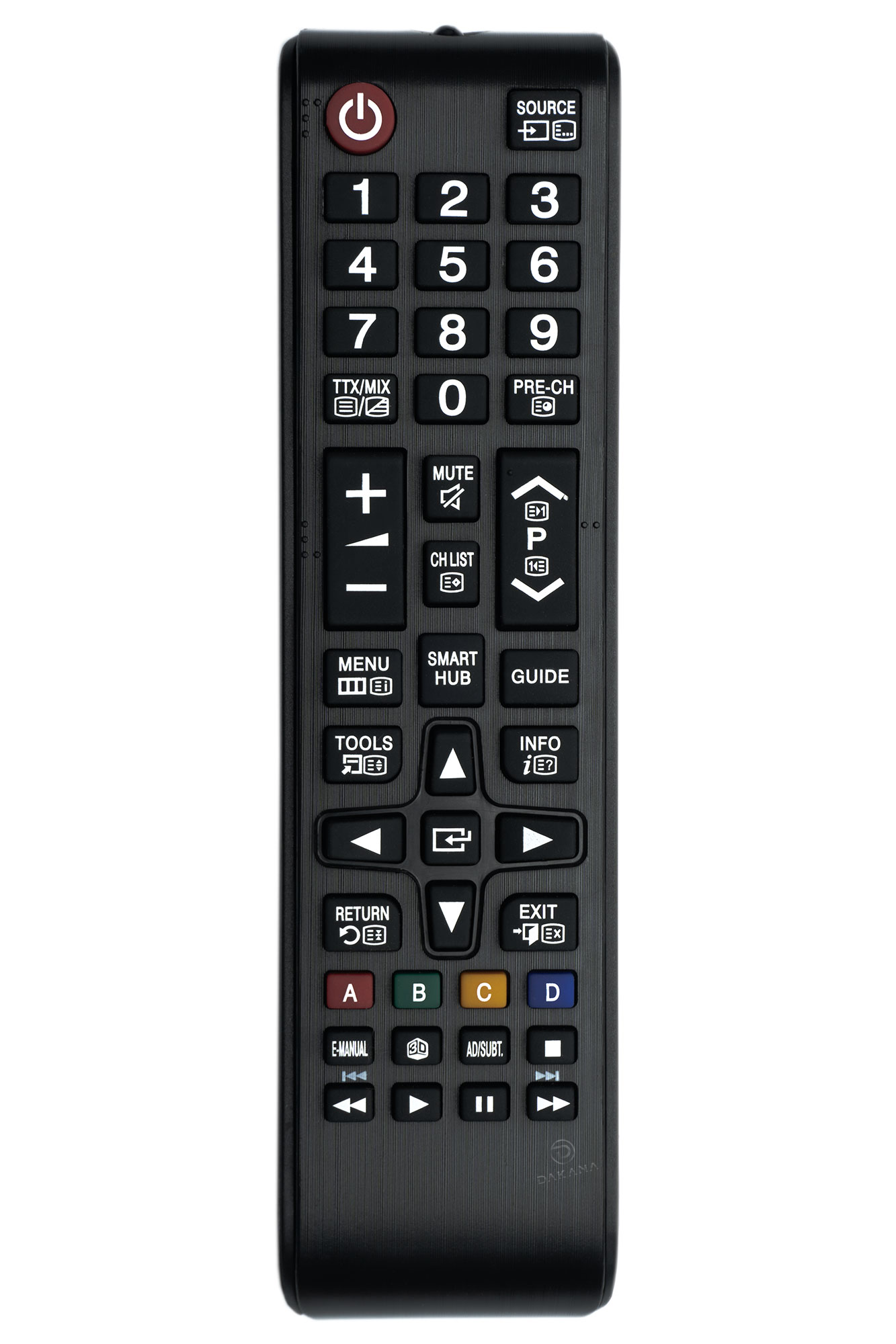 Eine schwarze TV-Fernbedienung mit vielen Tasten. Der Hintergrund ist weiß.
