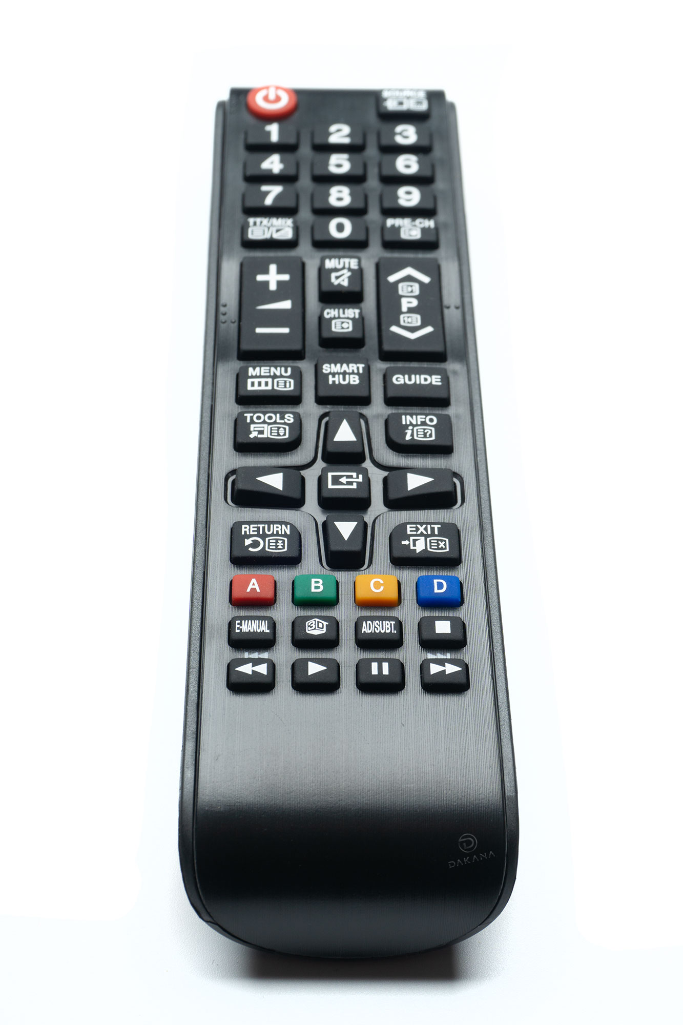 Schwarze TV-Fernbedienung mit beschrifteten Tasten, auf weißem Hintergrund.