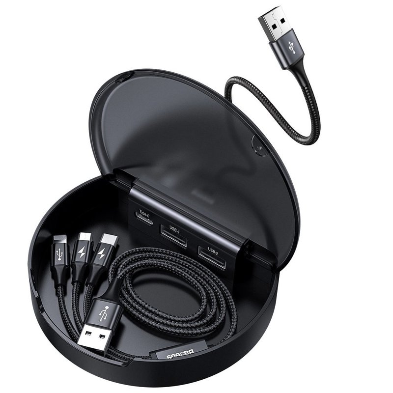 Ein schwarzer Baseus-Zubehör-Organizer. Er enthält USB-Kabel und -Anschlüsse. Das Gehäuse ist offen.