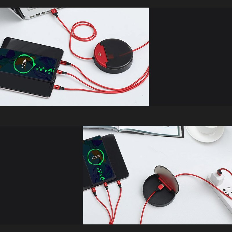 Bilder zeigen eine Ladestation mit Telefonen und einem Netzteil. Telefone zeigen einen Ladestatus von 50 %.