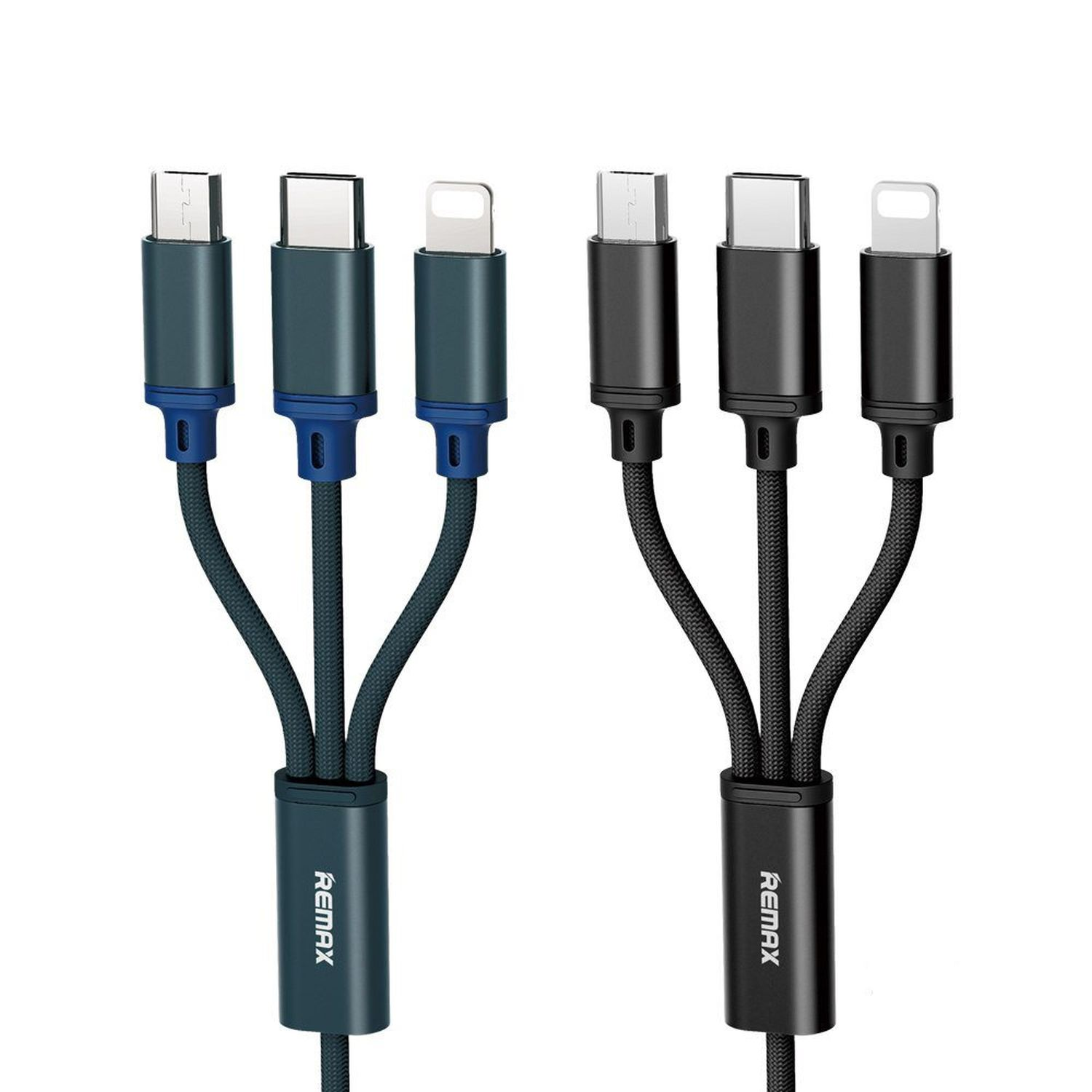 Dreifach-Ladekabel in Teal und Schwarz. Jedes Kabelende hat drei verschiedene Anschlüsse: USB-C, Micro-USB und Lightning.