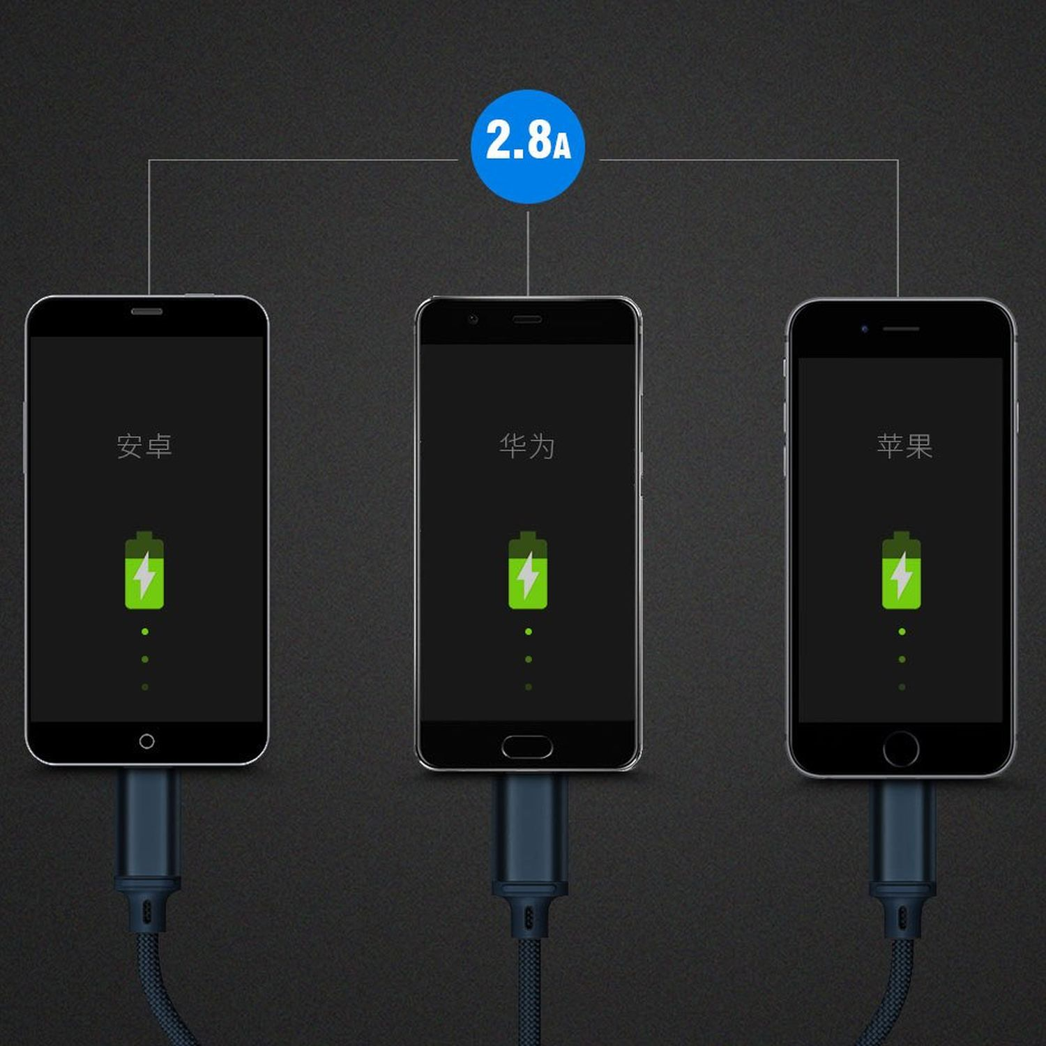 Drei Smartphones werden aufgeladen. Jedes Telefon hat ein Blitz-Symbol.