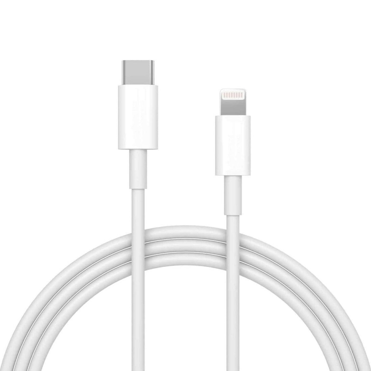 Weiße Ladekabel mit USB-C- und Lightning-Anschlüssen. Weißer Hintergrund.
