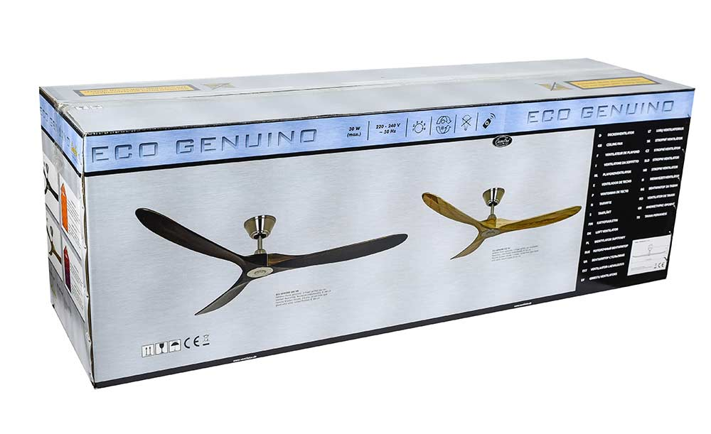 Una scatola con immagini di ventilatori a soffitto. C'è scritto 'ECO GENUINO'.