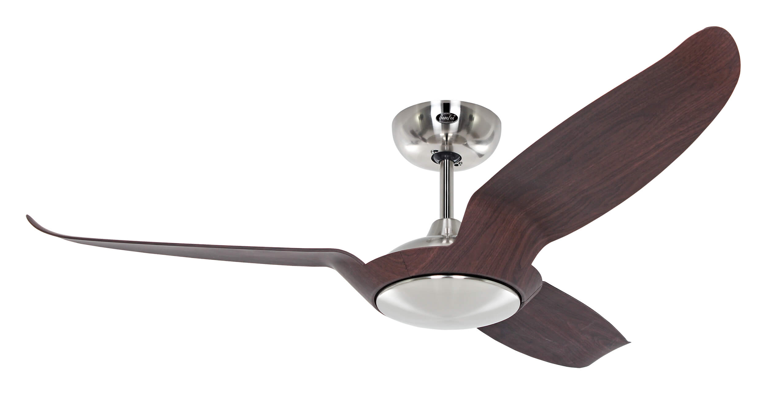 Ventilatore da soffitto con tre pale in legno scuro, base in metallo e sfondo bianco.
