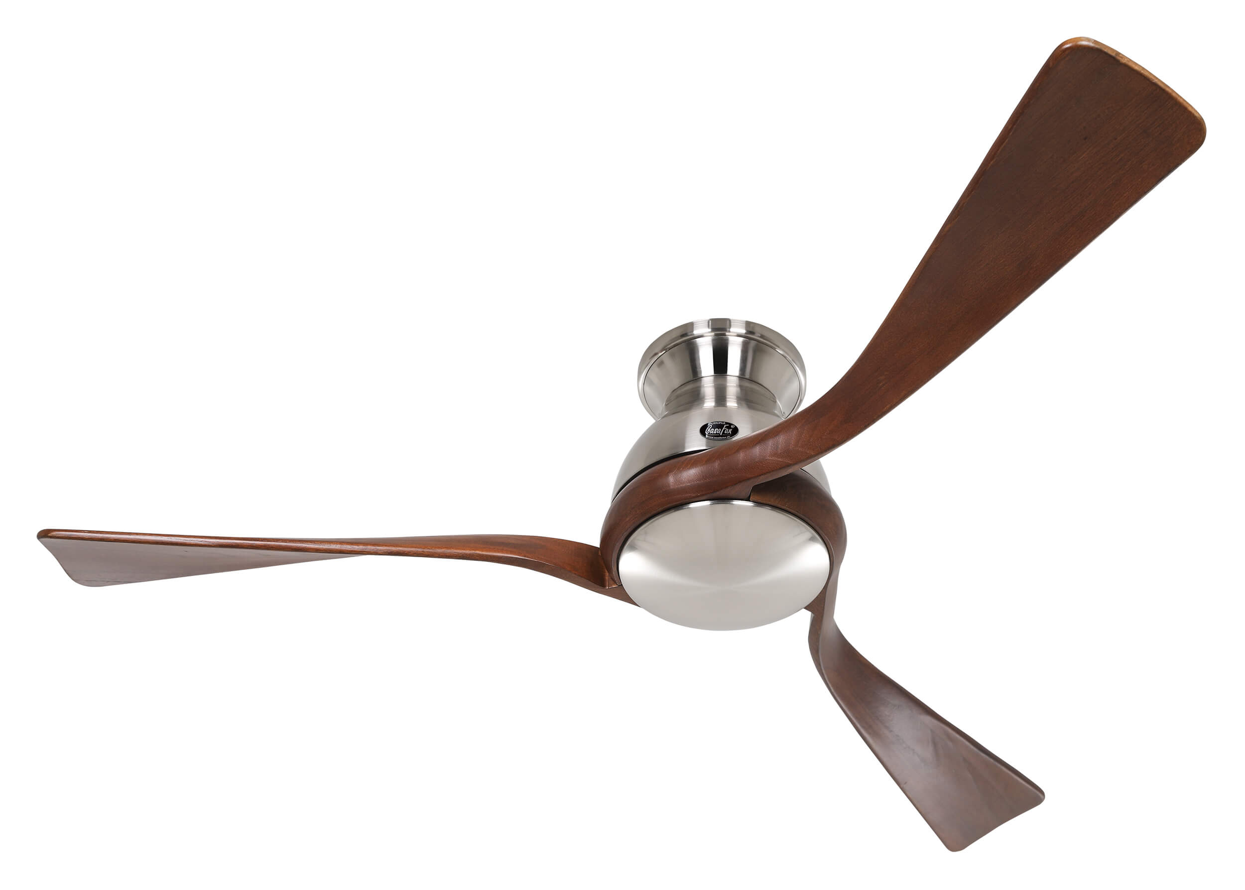 Ventilatore da soffitto con tre pale in legno e base metallica.