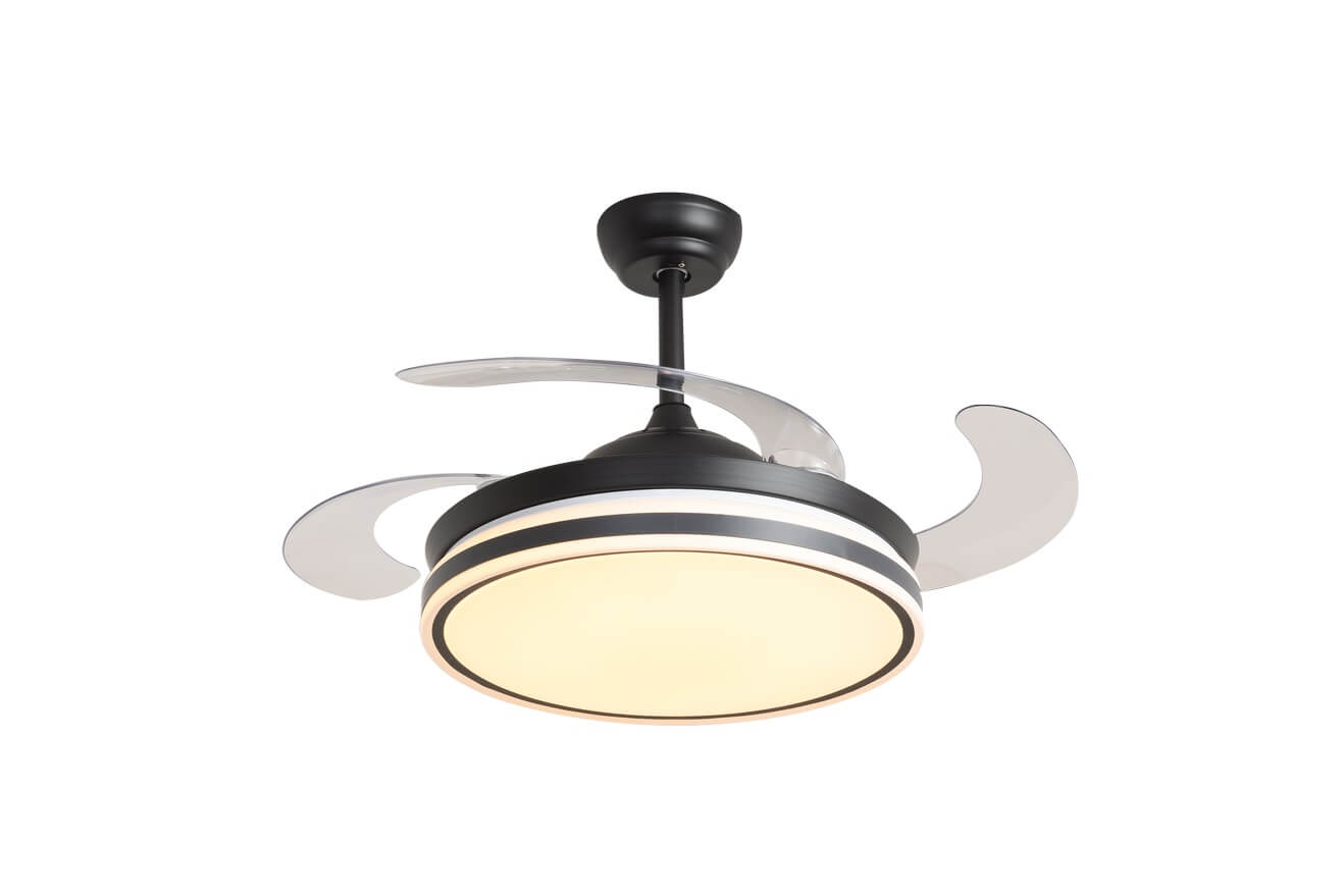 Schwarzer Deckenventilator mit Licht. Zwei geschwungene Flügel. Weißer Hintergrund.