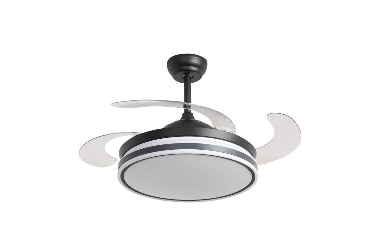 Ein schwarz-weißer Deckenventilator mit zwei transparenten Flügeln und einem zentralen Licht.