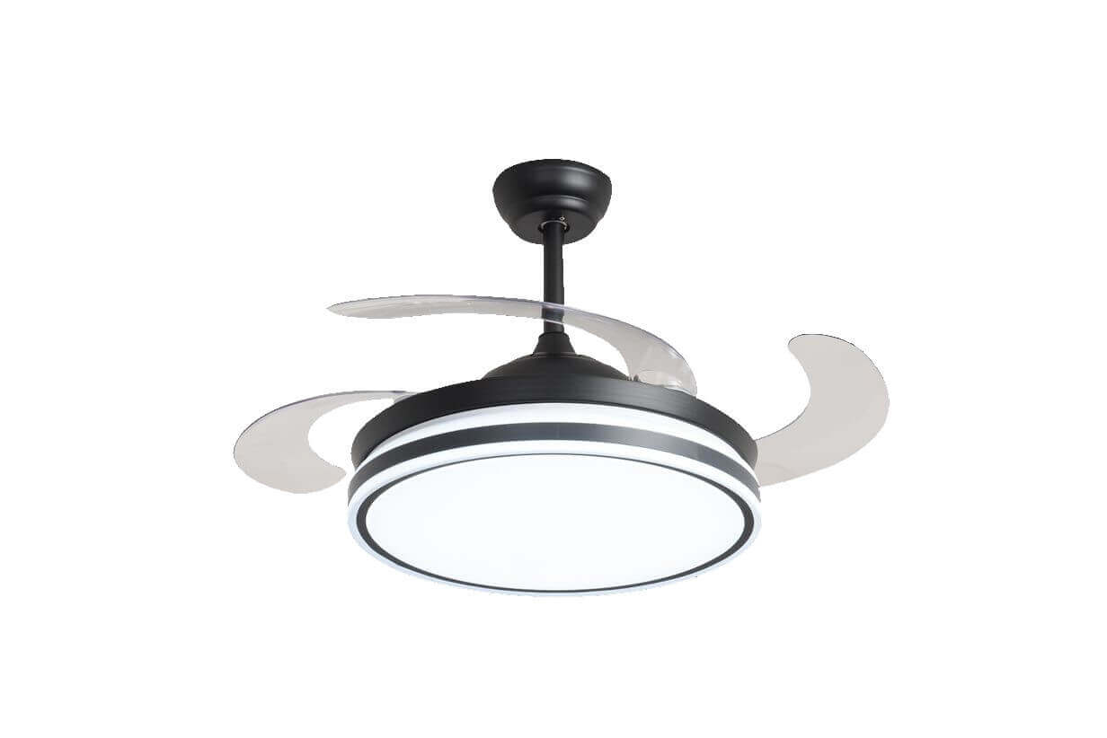 Ein schwarzer Deckenventilator mit Lichtern. Er hat gebogene Flügel und eine kreisförmige Leuchte.