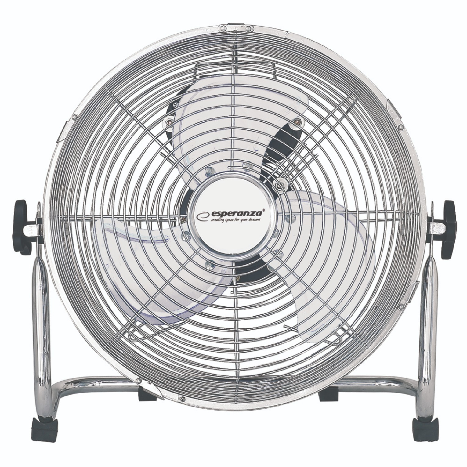 Srebrny metalowy wentylator podłogowy z kratką ochronną i stojakiem.