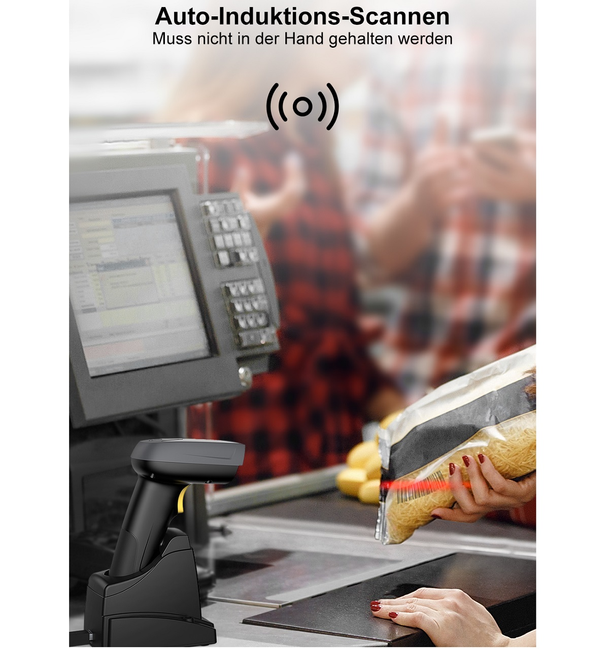 Ein Barcodescanner scannt eine Tüte Essen an einer Kasse.