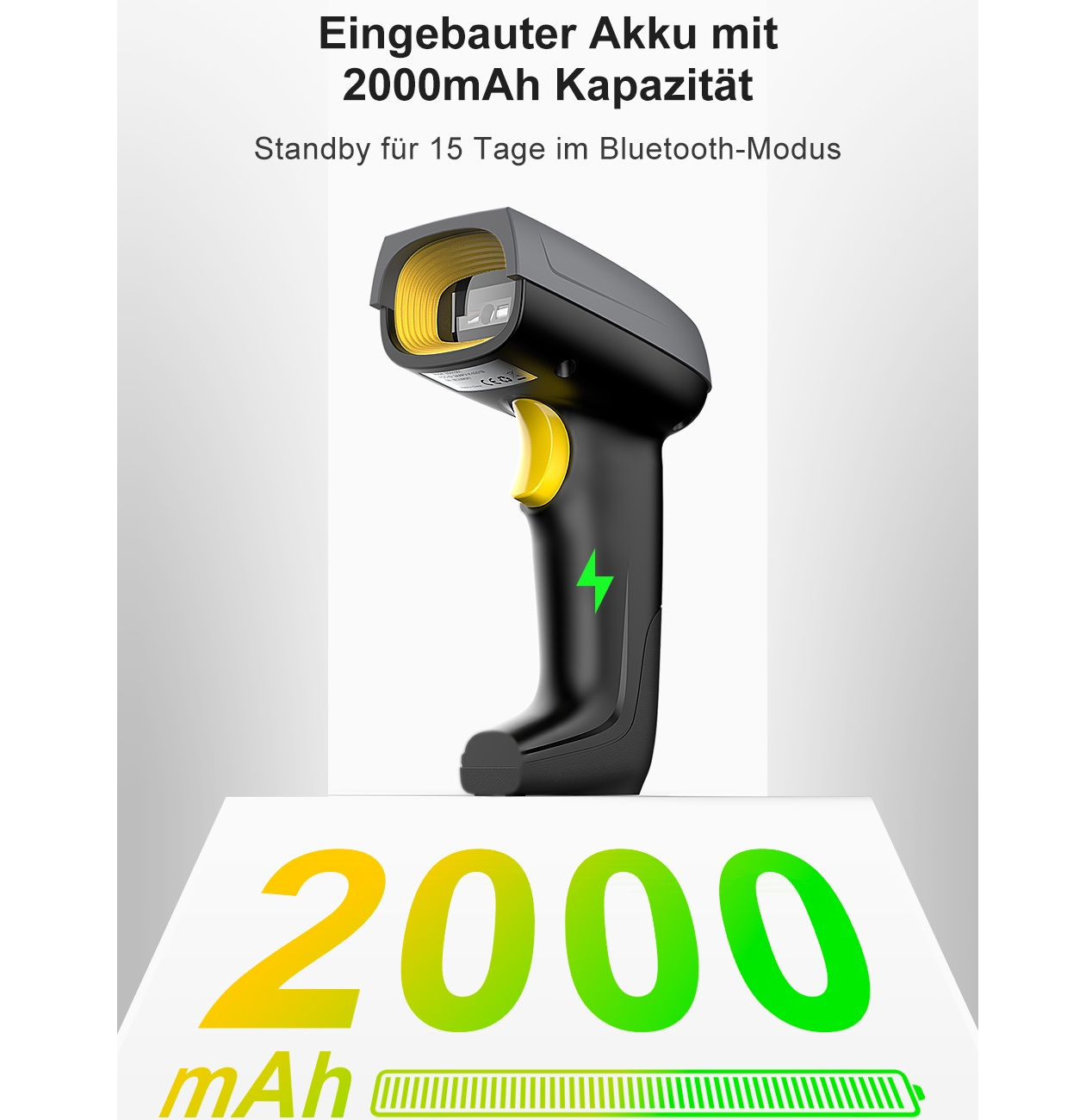 Schwarz-gelber Barcodescanner mit Text über Batteriekapazität und Standby-Zeit.