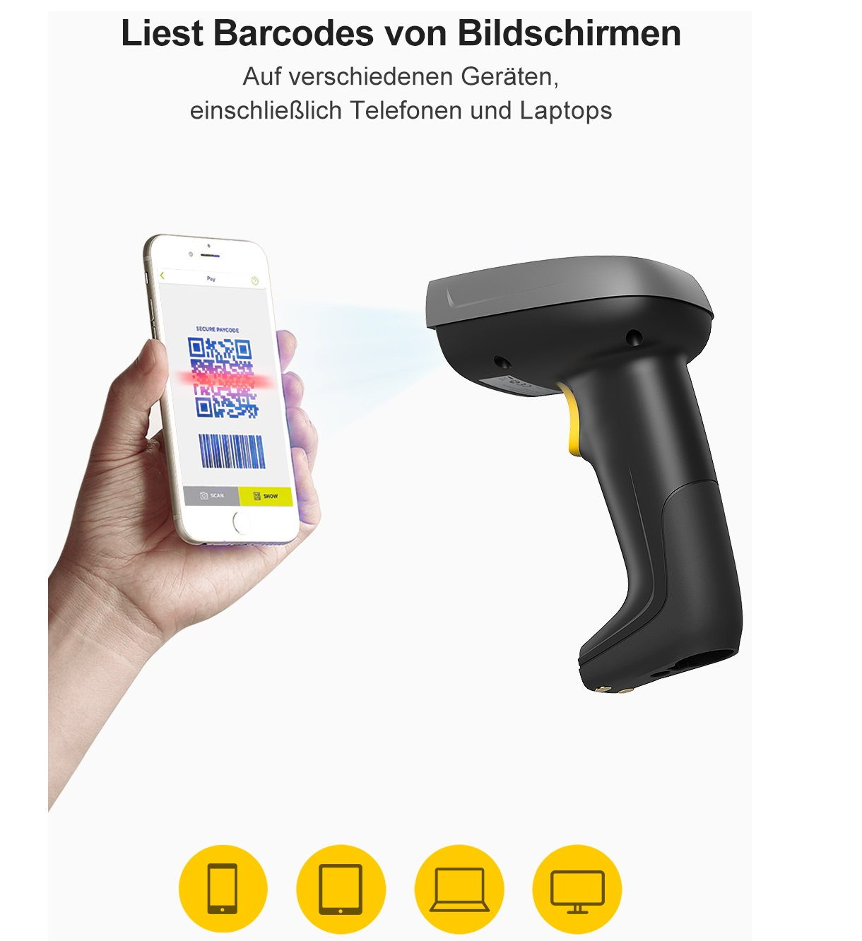 Hand scannt Barcode auf Telefon mit Barcodescanner. Verschiedene Geräte gezeigt.